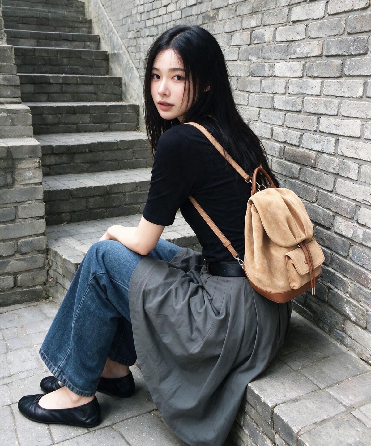 마스마룰즈(MASMARULEZ) 스웨이드 셔링 미니 플랩 백팩 _베이지