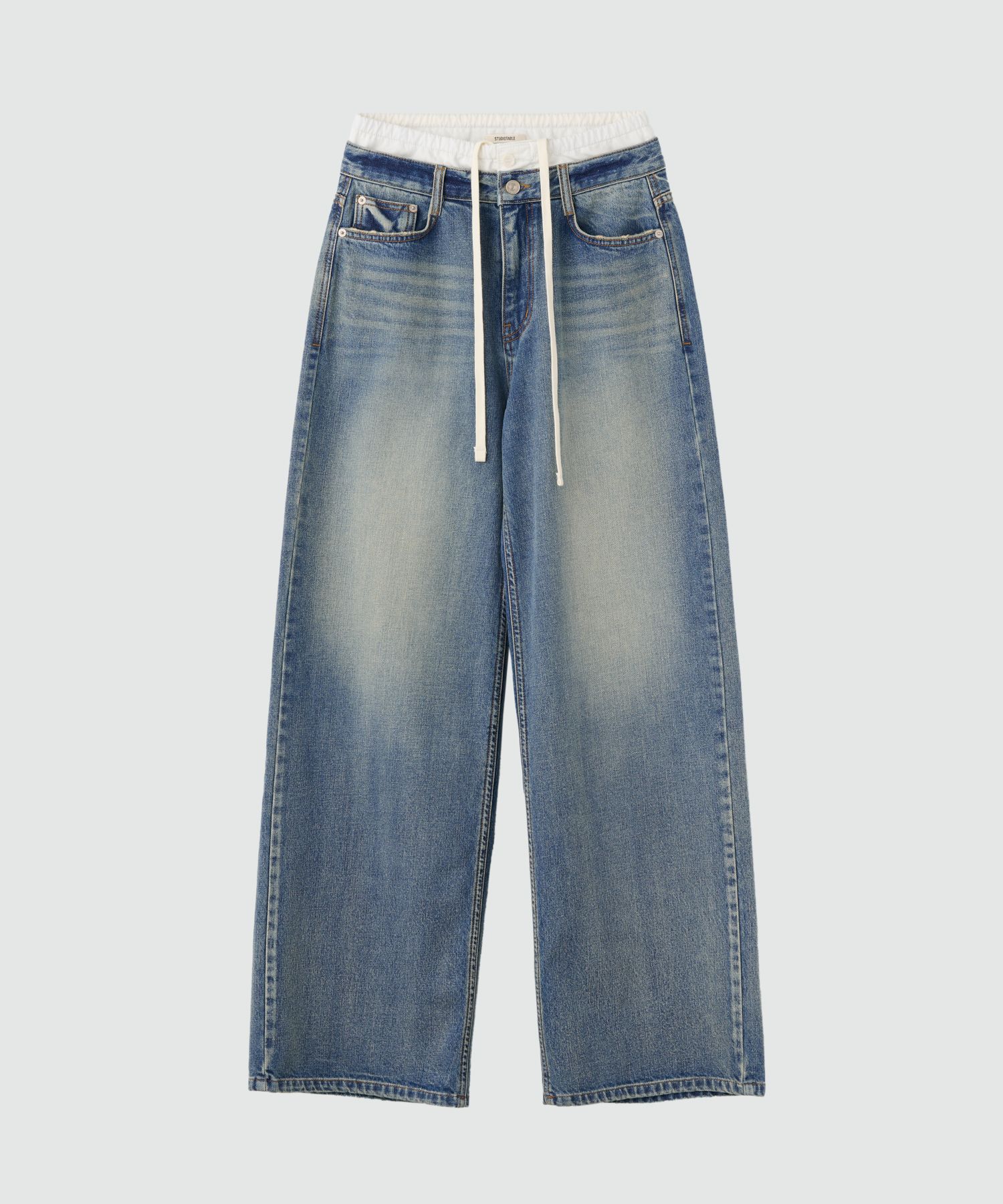 MUSINSA | STUDIOTABLE DOUBLE WAIST WIDE DENIM, MID BLUE