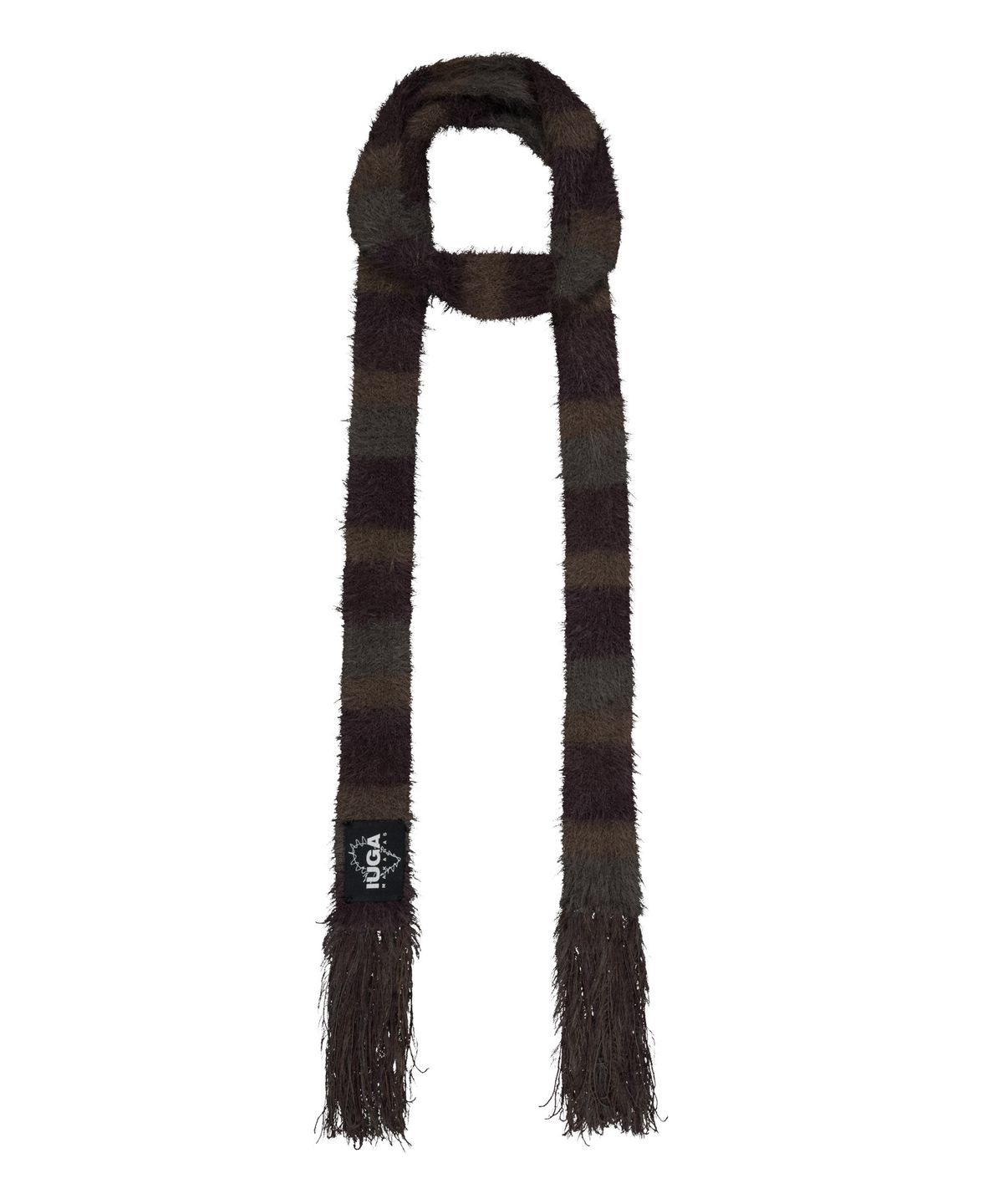 이우가마카라스(IUGAMAKARAS) Striped Hairy Skinny Muffler (Brown)