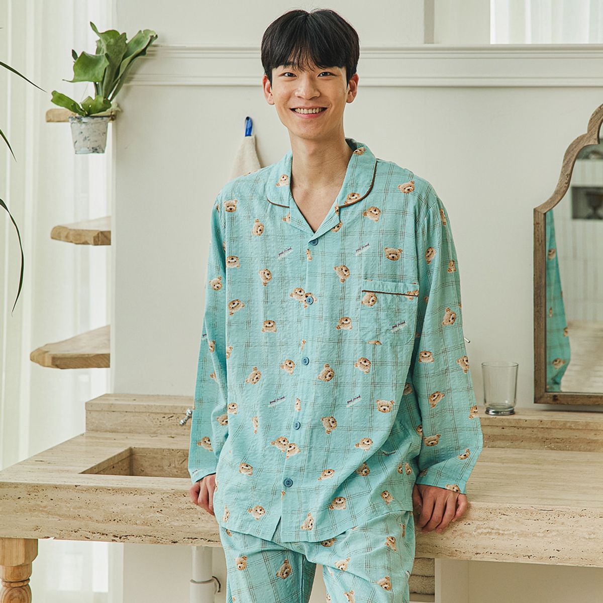 찌니야(JJNIYA) 남성용 체크베어 긴팔상하세트