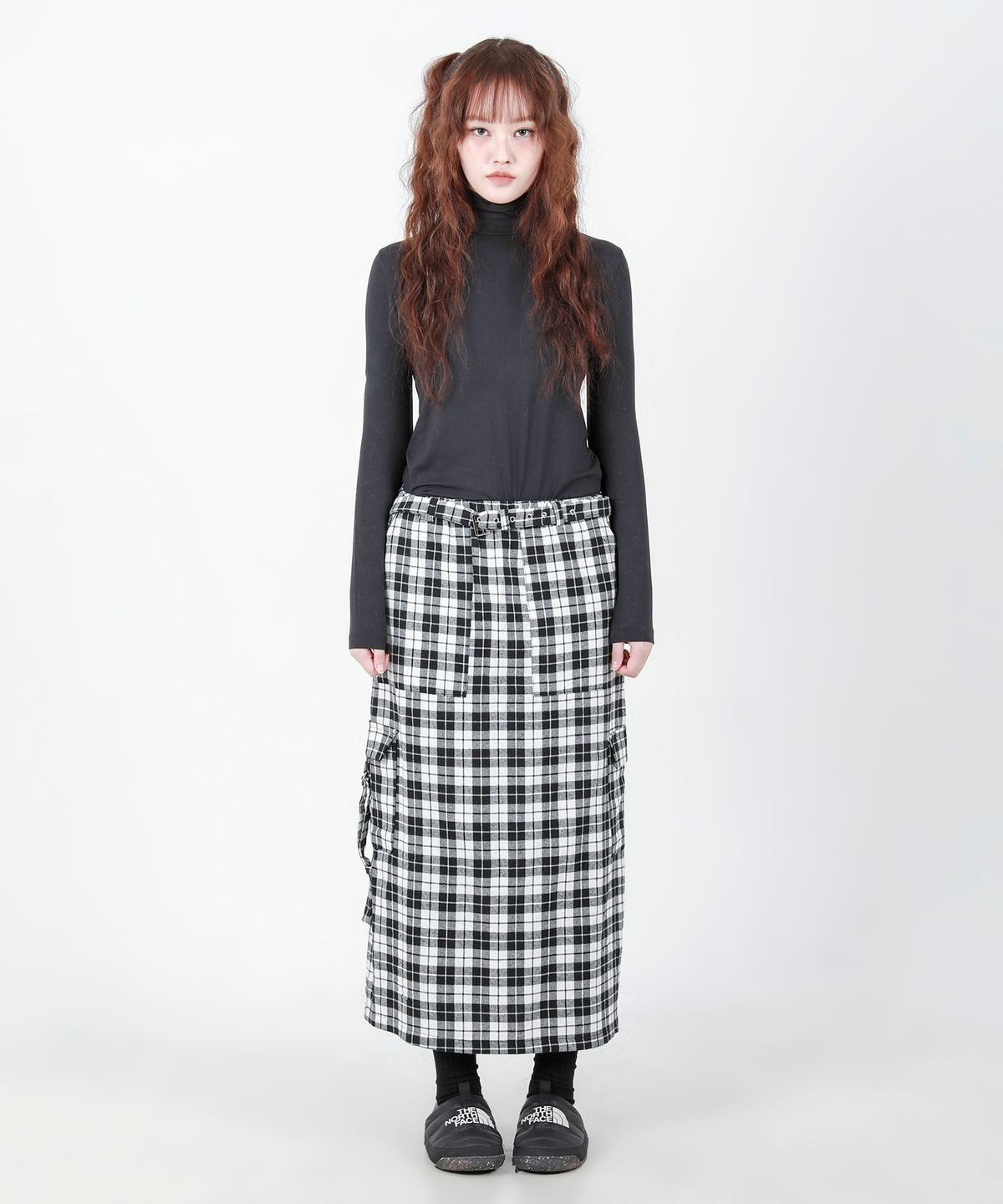 카타르시스(KATHARSIS) 체크 벨트 밴딩 롱스커트 블랙 ONE SIZE