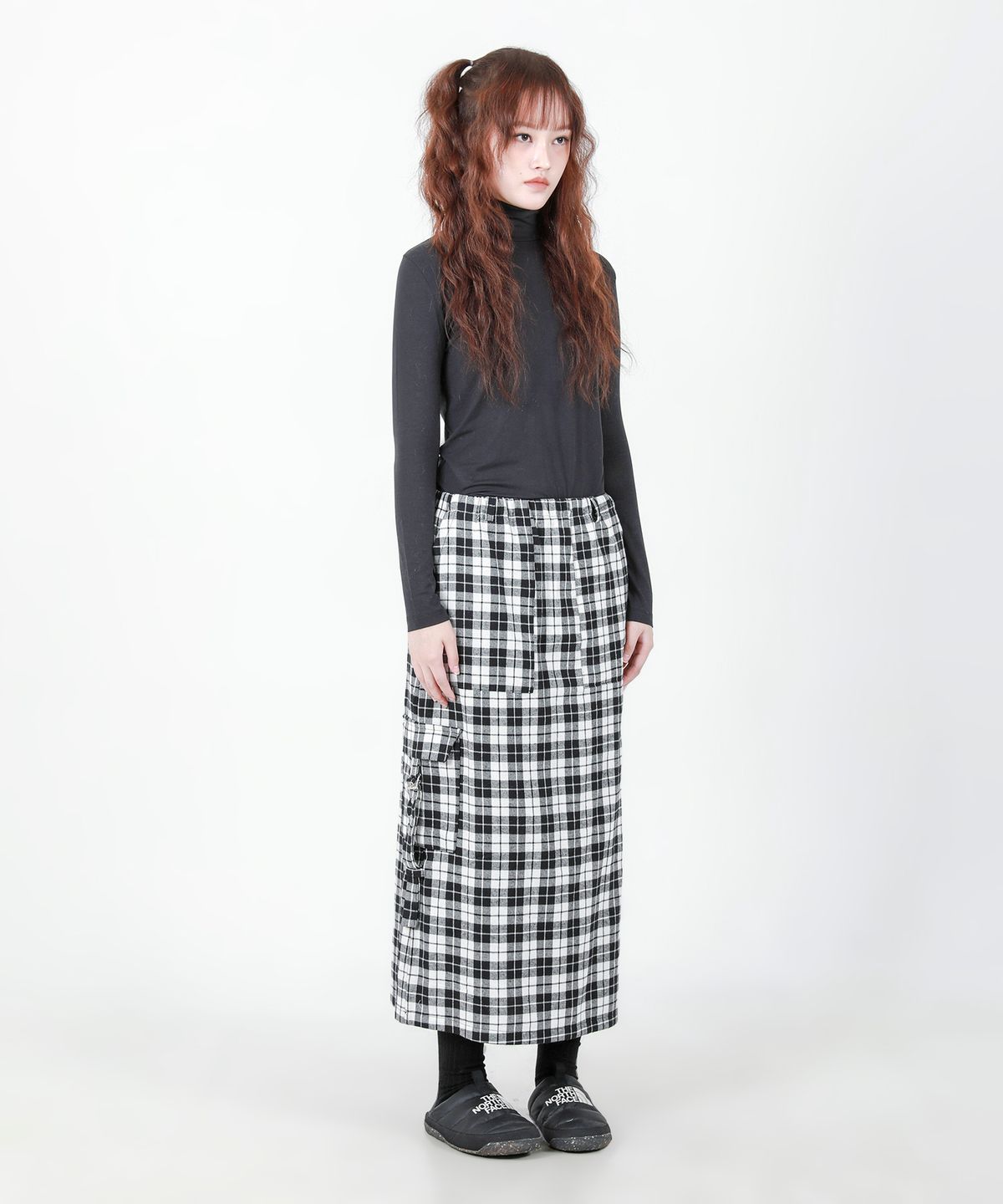 카타르시스(KATHARSIS) 체크 벨트 밴딩 롱스커트 블랙 ONE SIZE