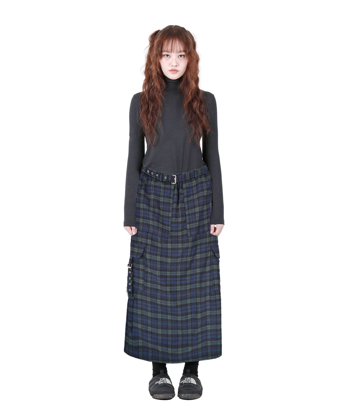 카타르시스(KATHARSIS) 체크 벨트 밴딩 롱스커트 그린 ONE SIZE
