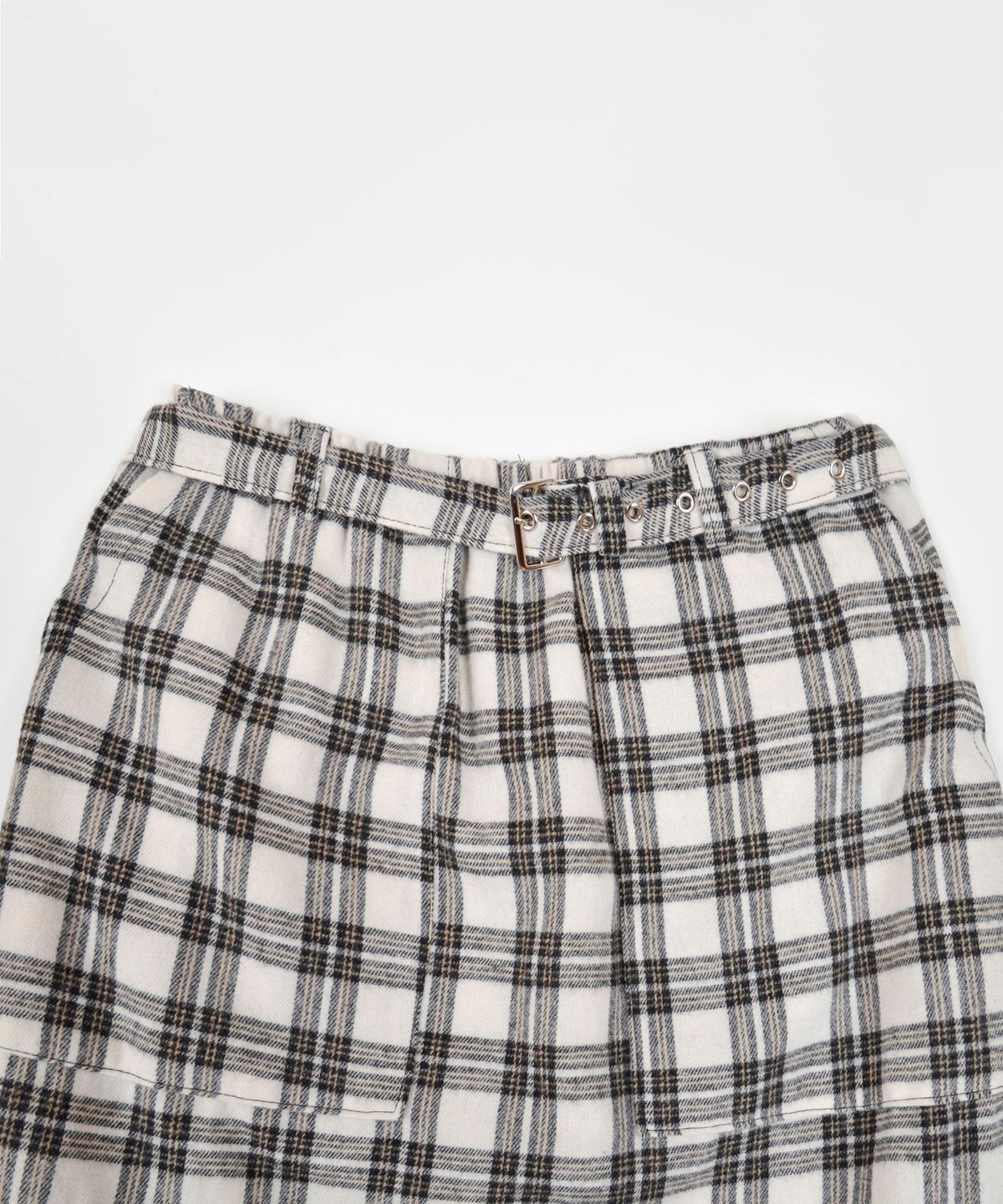 카타르시스(KATHARSIS) 체크 벨트 밴딩 롱스커트 화이트 ONE SIZE