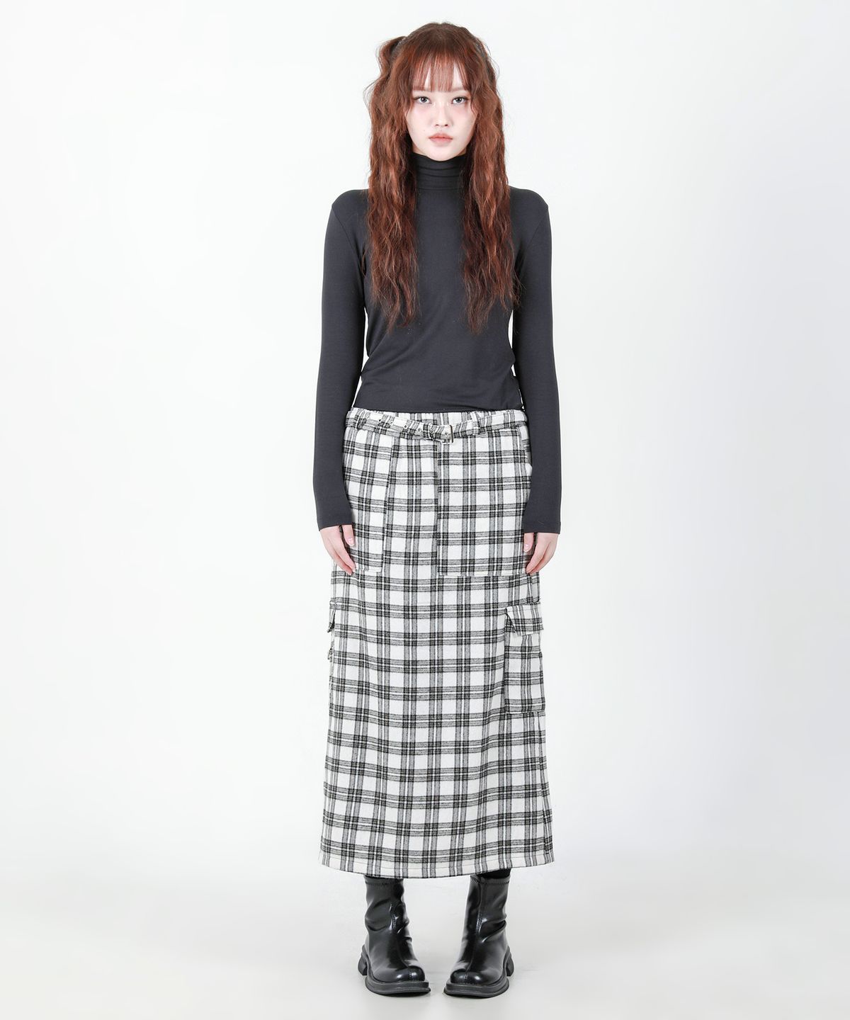 카타르시스(KATHARSIS) 체크 벨트 밴딩 롱스커트 화이트 ONE SIZE