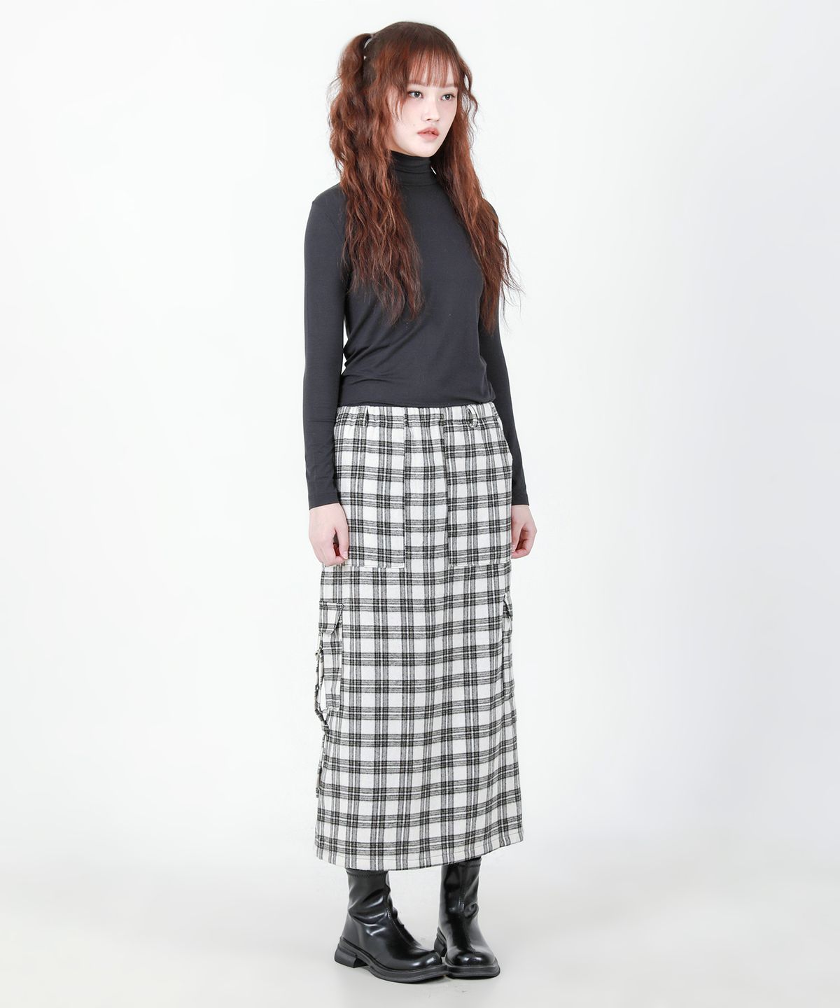 카타르시스(KATHARSIS) 체크 벨트 밴딩 롱스커트 화이트 ONE SIZE