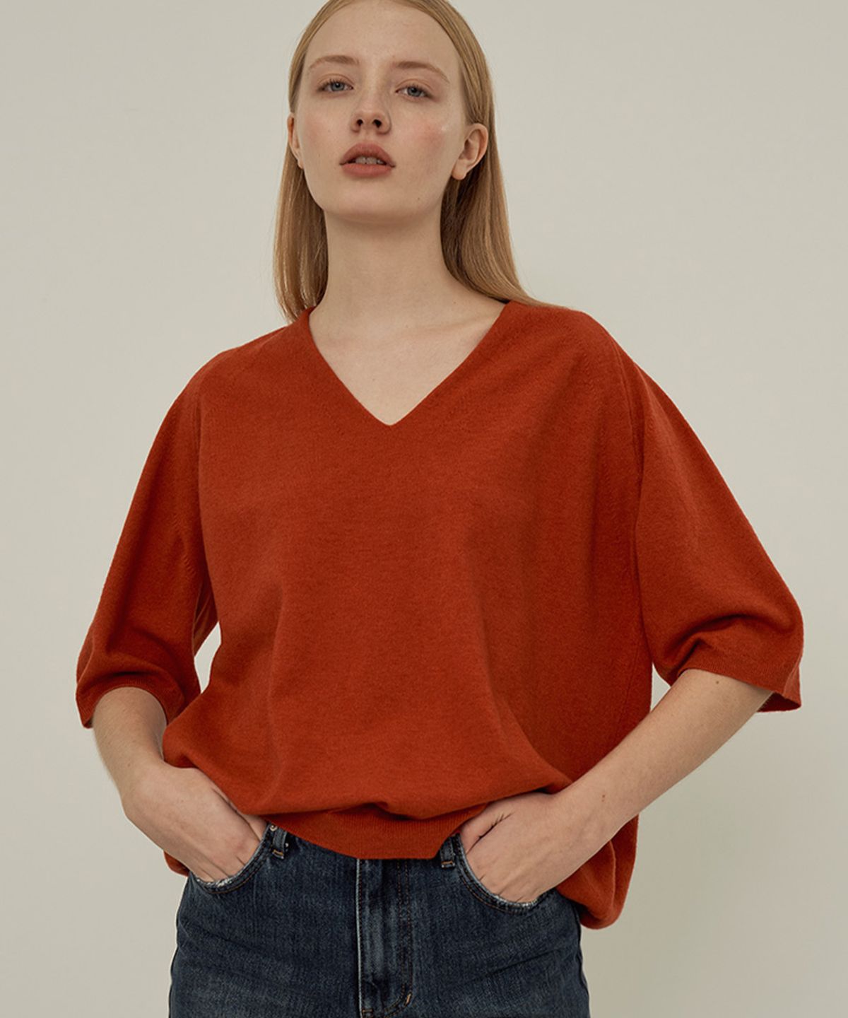 바스카라(VASCARA) V-Neck Half Sleeves Knitwear (7colors)