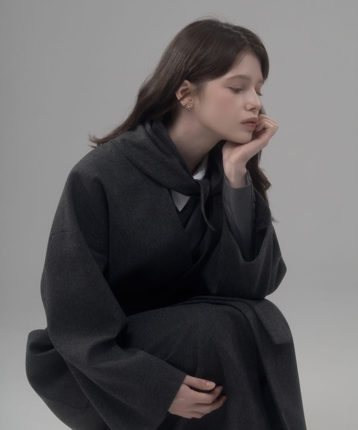 마우솔레움(MAU SOLEUM) Helena Wool Head Scarf Coat Set - Grey