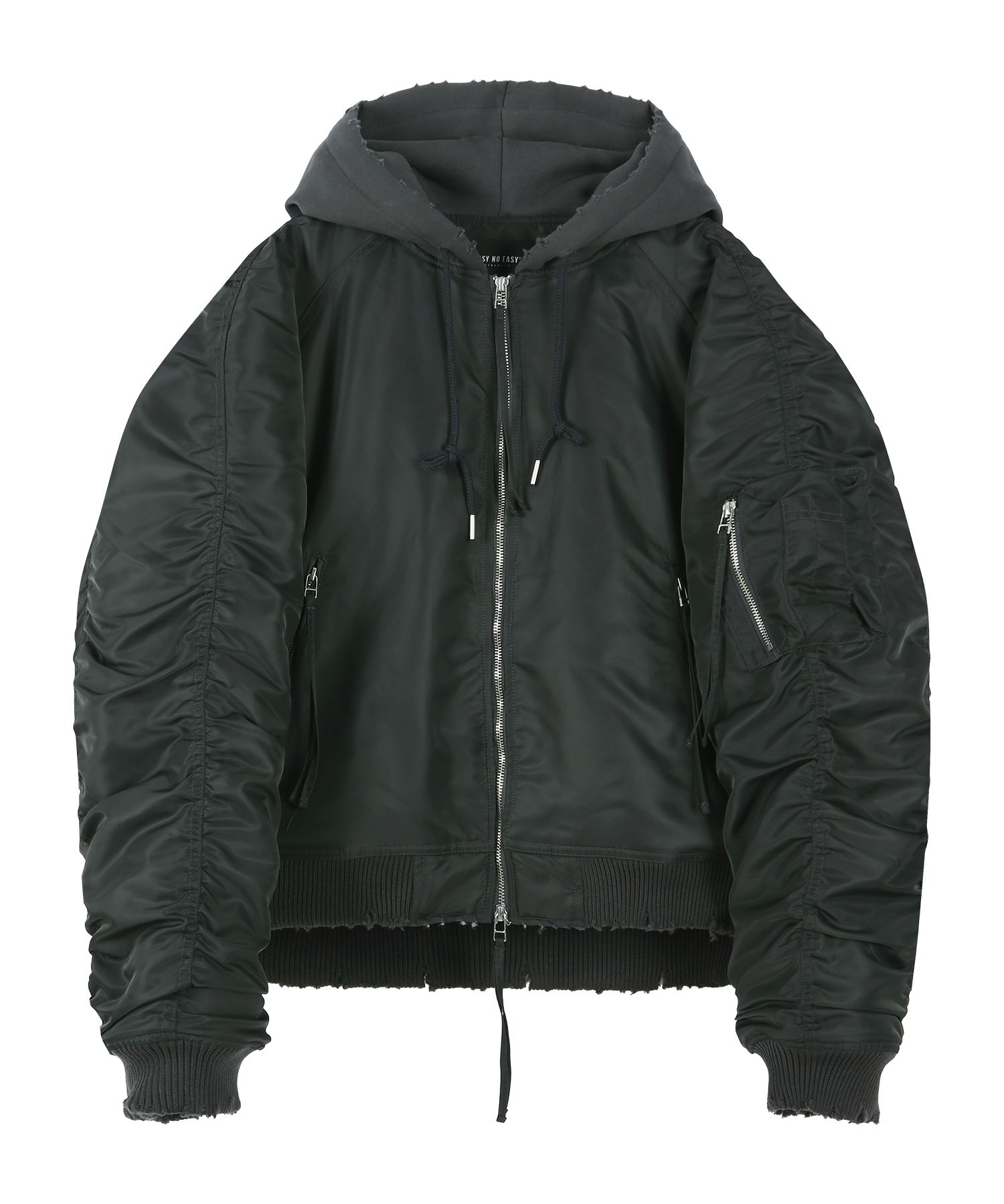 MUSINSA | EASY NO EASY Distressed Shirring Hood MA-1 - Gray