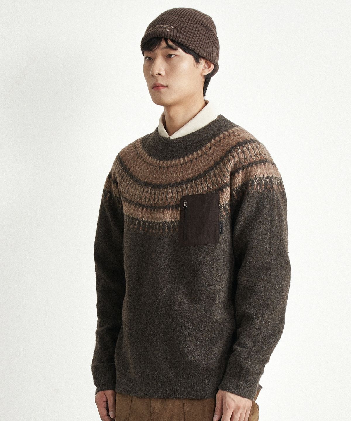 힐리먼트(HELEMENT) 노르딕 패턴 포켓 풀오버 (BROWN)