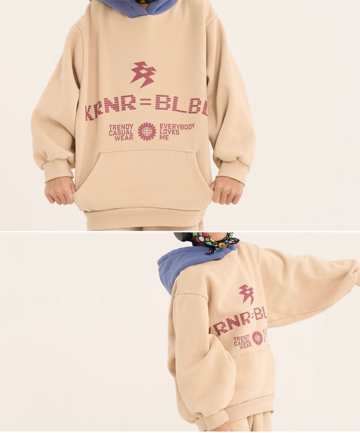 쿠르나르(KRNR) 볼드 네임드 오버사이즈 컬러 블록 양기모 후드티 베이지