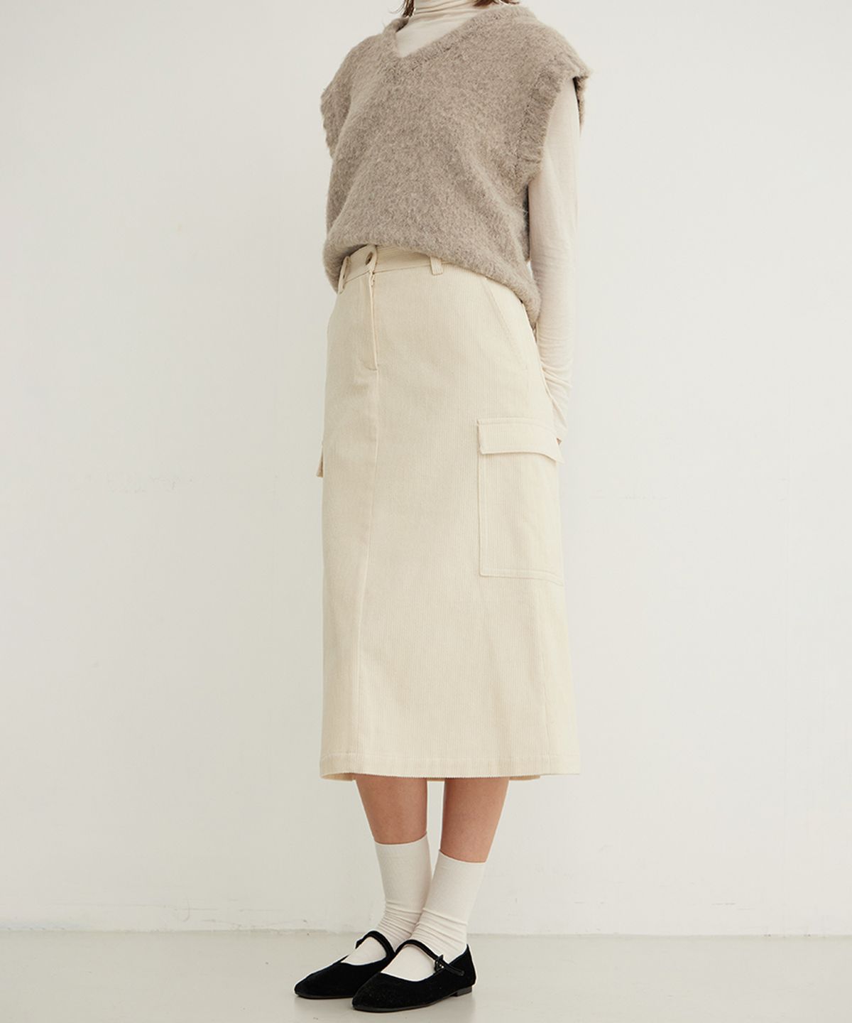 스텝어라운드(STEP AROUND) Corduroy Cargo Midi Skirt_CREAM