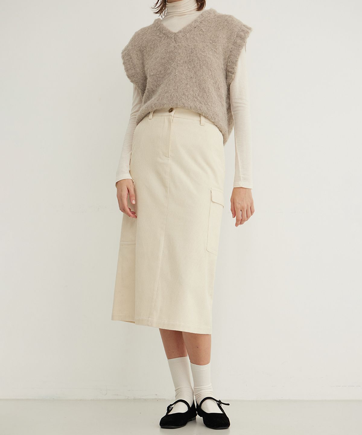 스텝어라운드(STEP AROUND) Corduroy Cargo Midi Skirt_CREAM