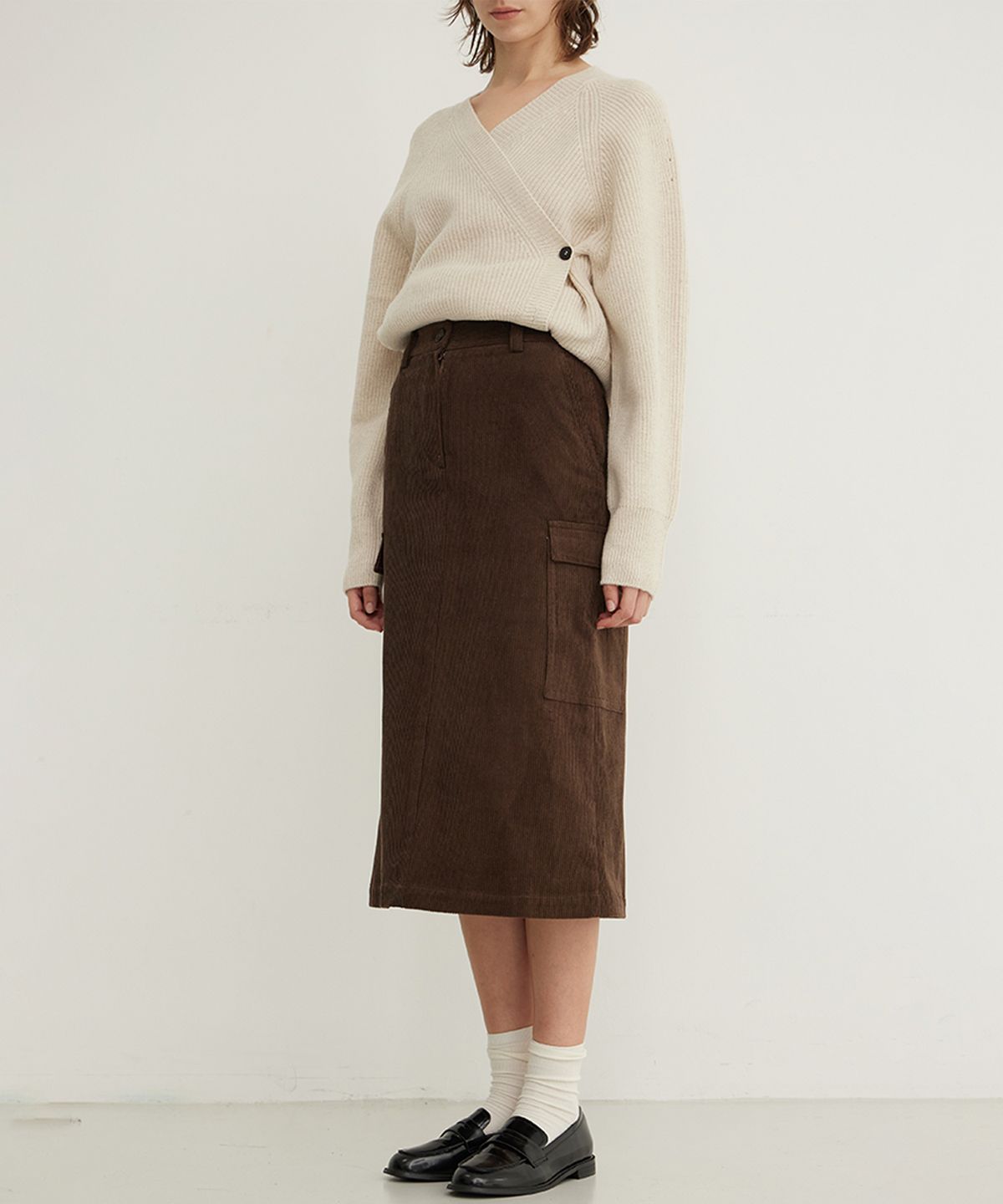 스텝어라운드(STEP AROUND) Corduroy Cargo Midi Skirt_BROWN