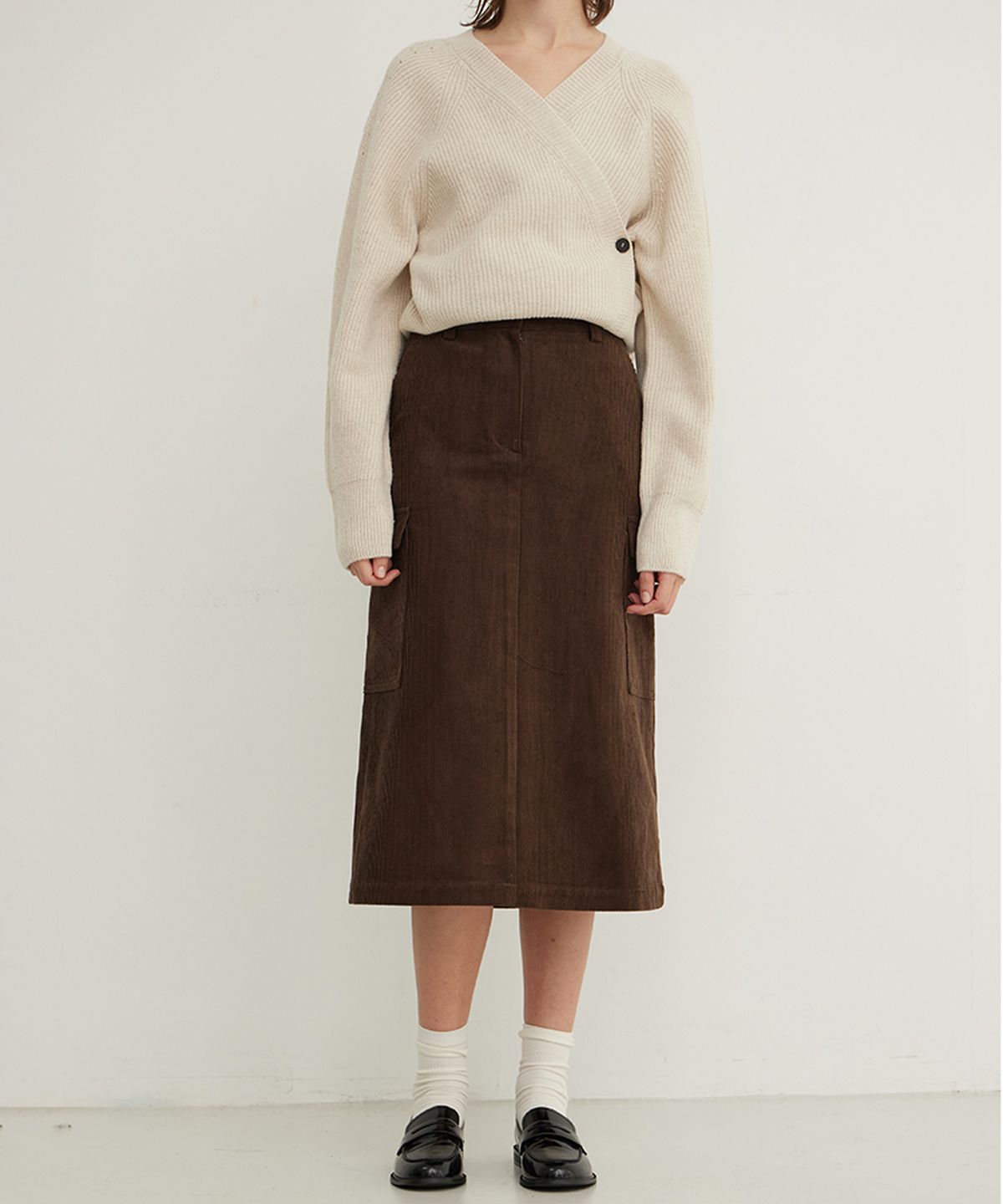 스텝어라운드(STEP AROUND) Corduroy Cargo Midi Skirt_BROWN