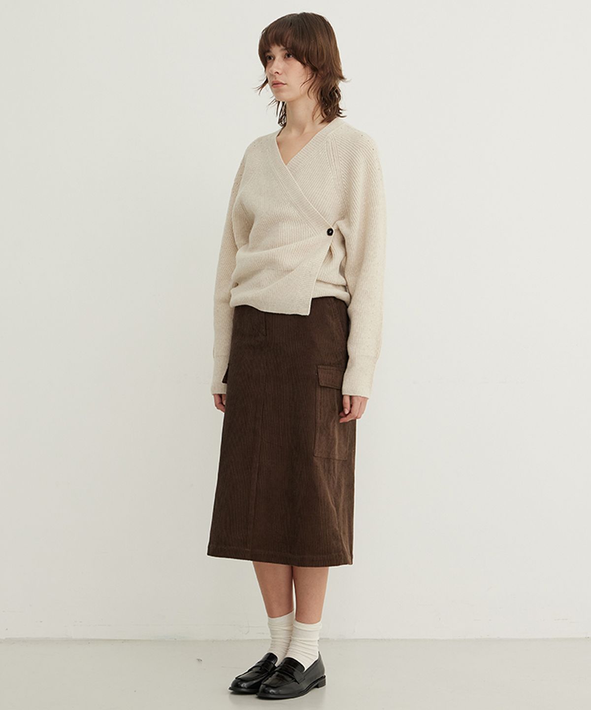 스텝어라운드(STEP AROUND) Corduroy Cargo Midi Skirt_BROWN
