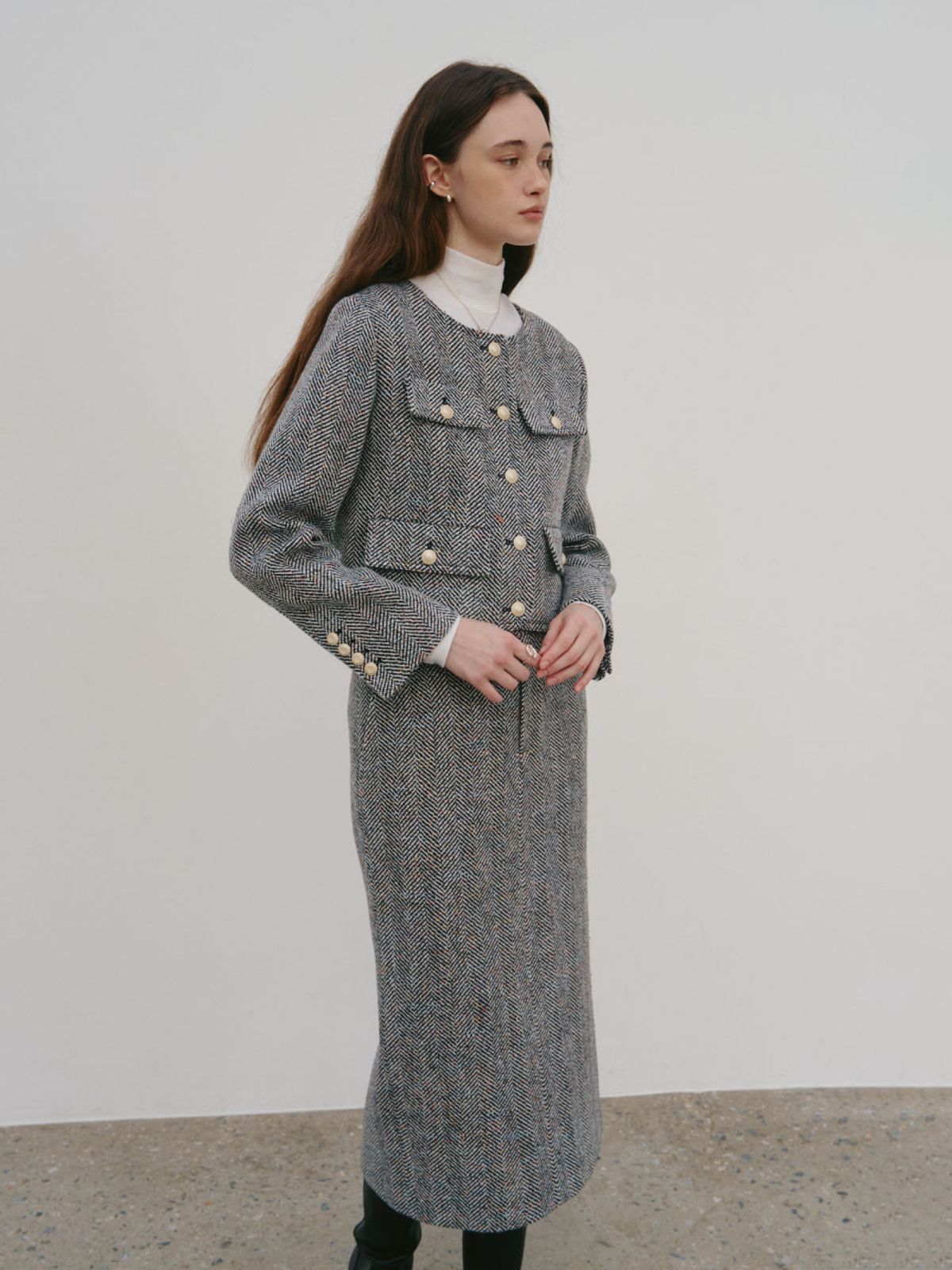 뮤제(MUSEE) SOPHIA Tweed Wool Long Skirt_Black