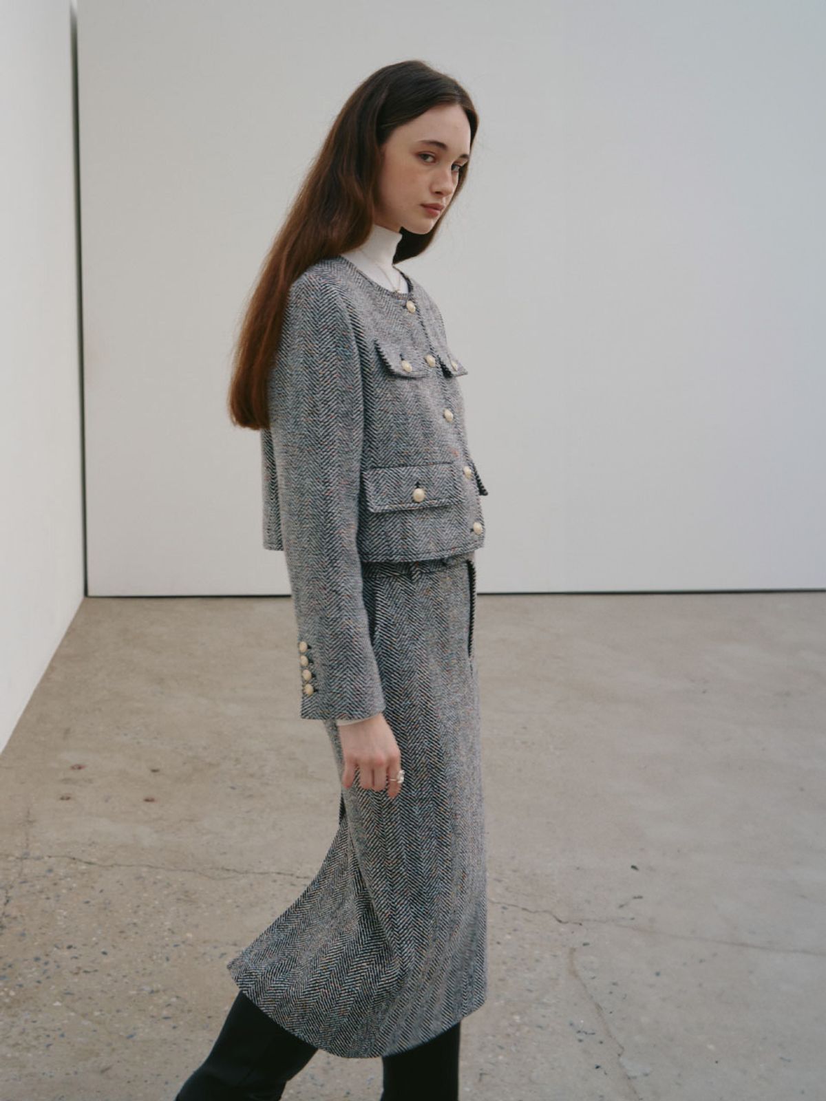 뮤제(MUSEE) SOPHIA Tweed Wool Long Skirt_Black