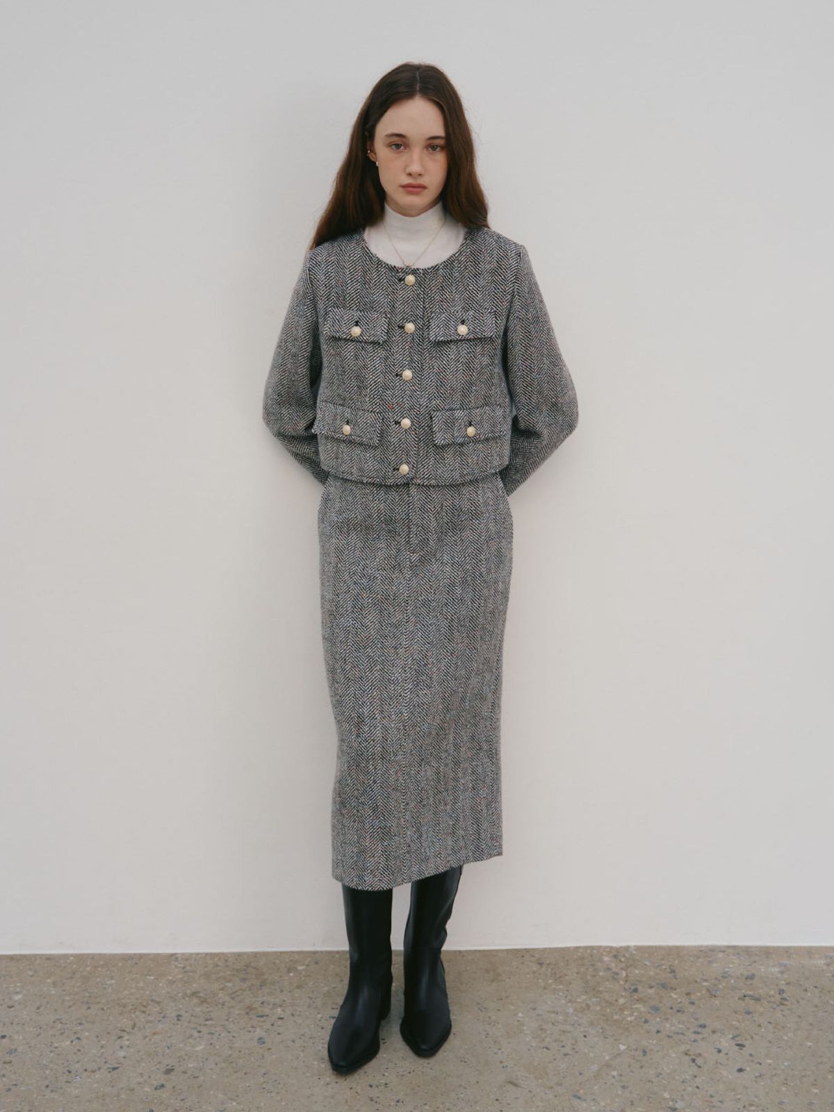 뮤제(MUSEE) SOPHIA Tweed Wool Long Skirt_Black