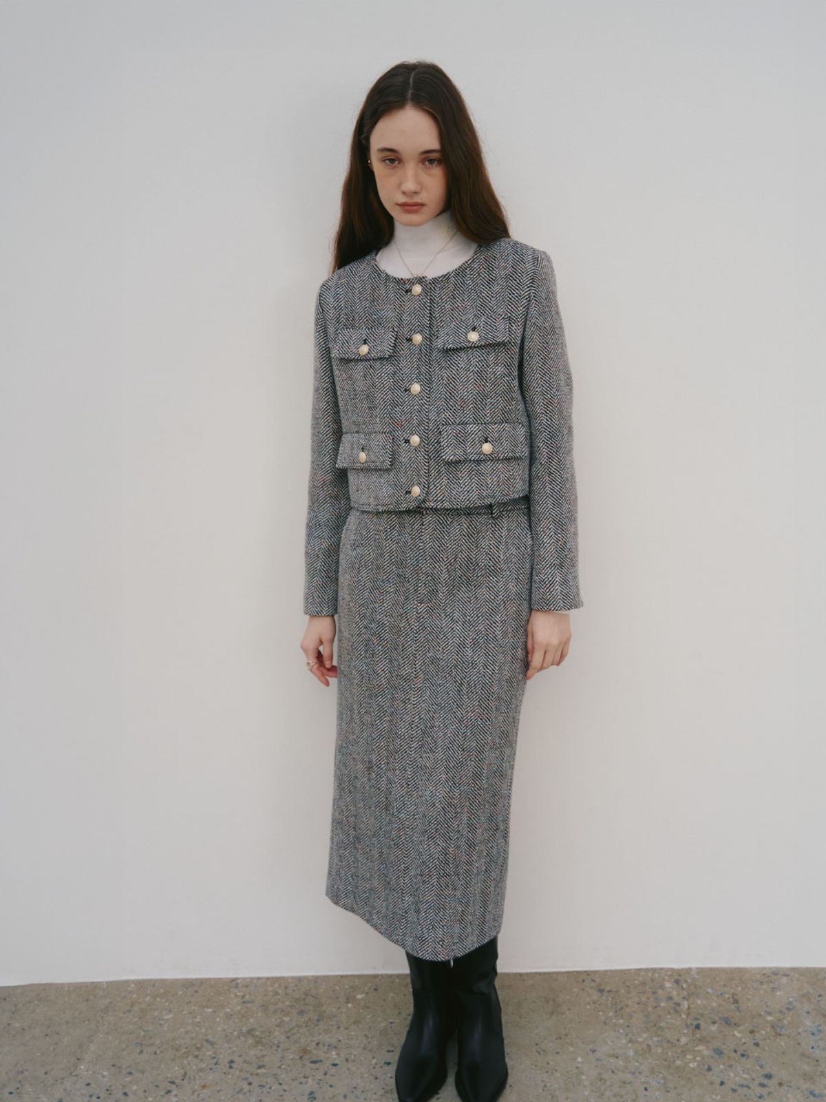뮤제(MUSEE) SOPHIA Tweed Wool Long Skirt_Black