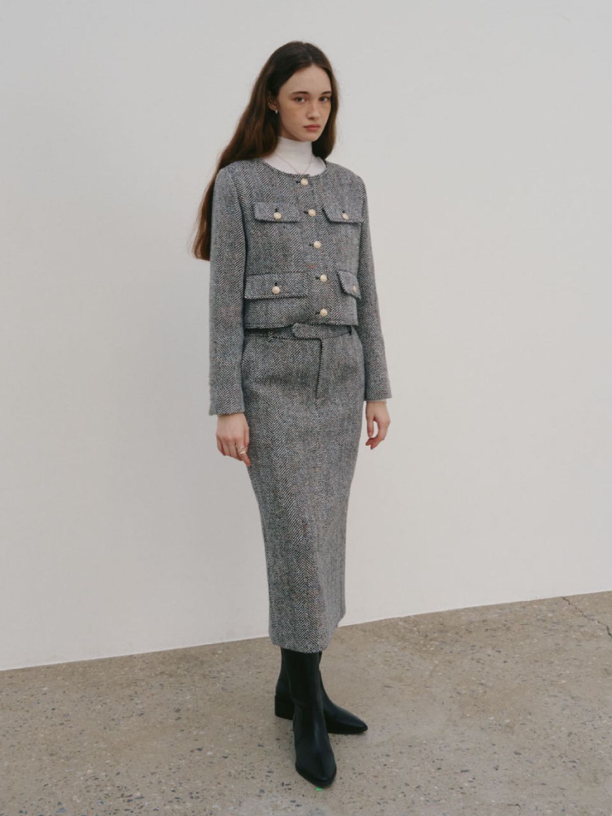 뮤제(MUSEE) SOPHIA Tweed Wool Long Skirt_Black