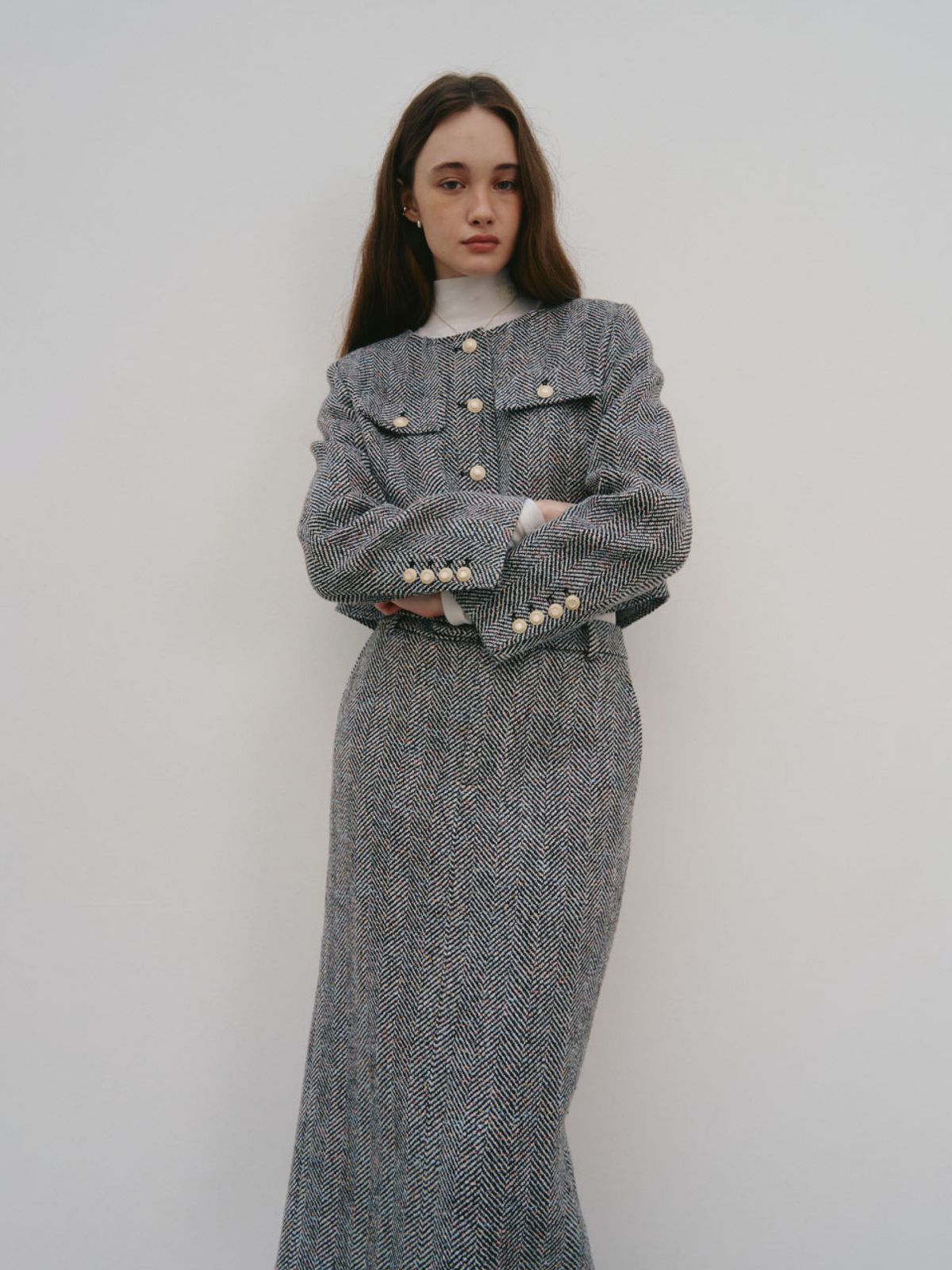 뮤제(MUSEE) SOPHIA Tweed Wool Long Skirt_Black