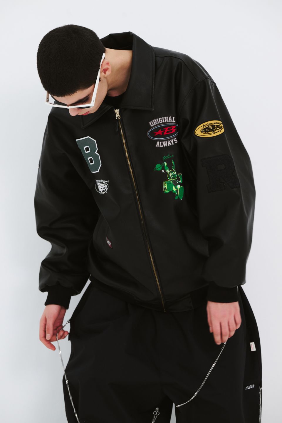 MUSINSA | BSRABBIT Star B Varsity Jacket Vintage Leather Black