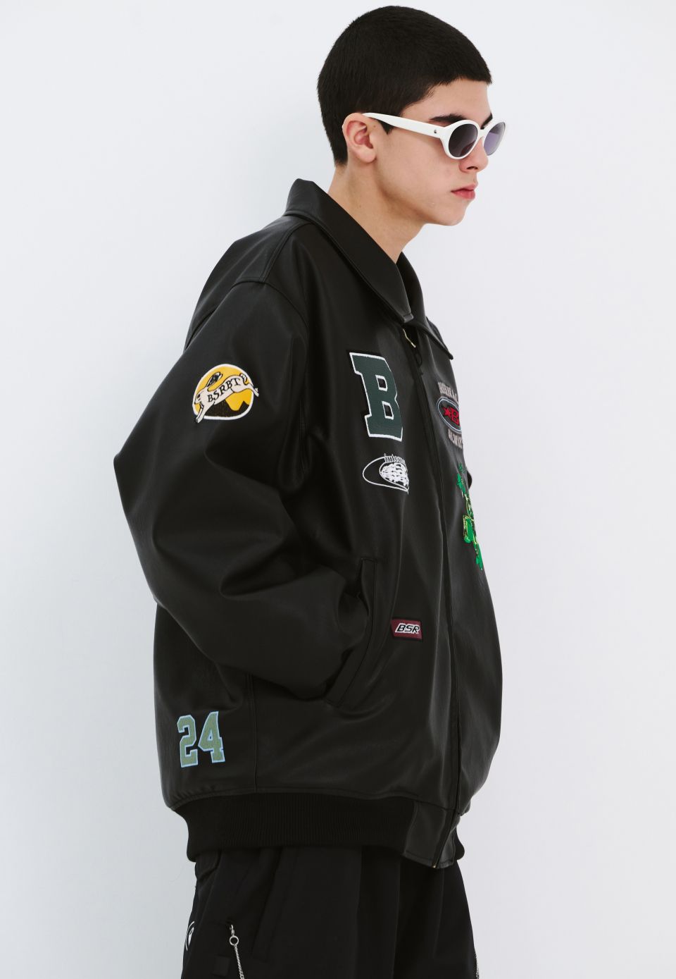 MUSINSA | BSRABBIT Star B Varsity Jacket Vintage Leather Black