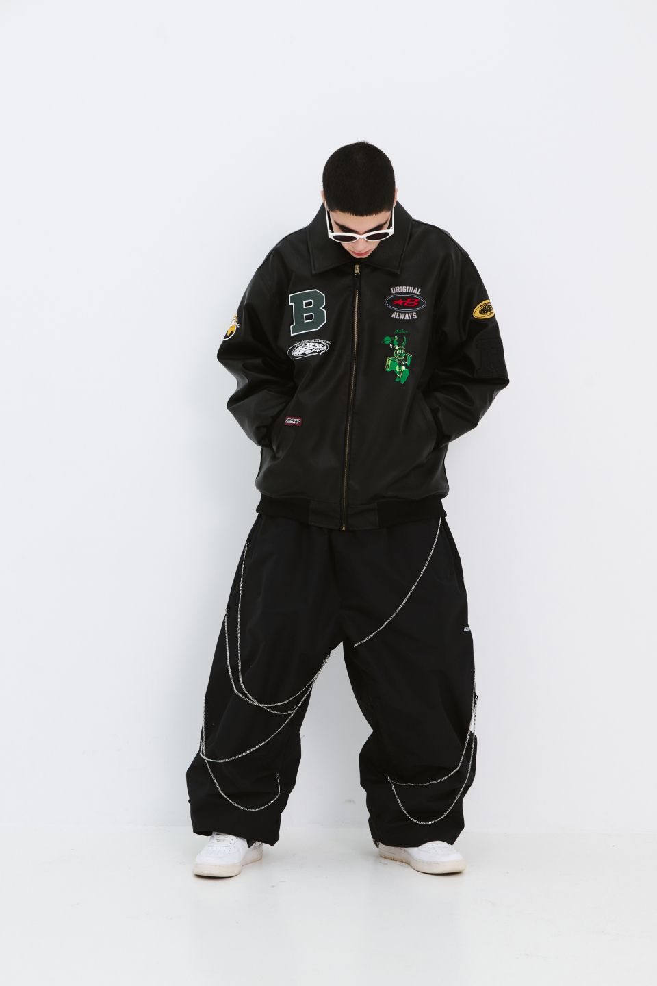 MUSINSA | BSRABBIT Star B Varsity Jacket Vintage Leather Black