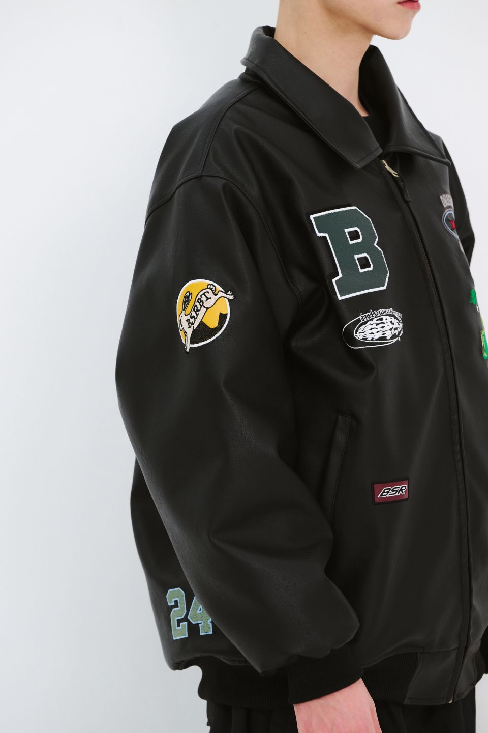 MUSINSA | BSRABBIT Star B Varsity Jacket Vintage Leather Black