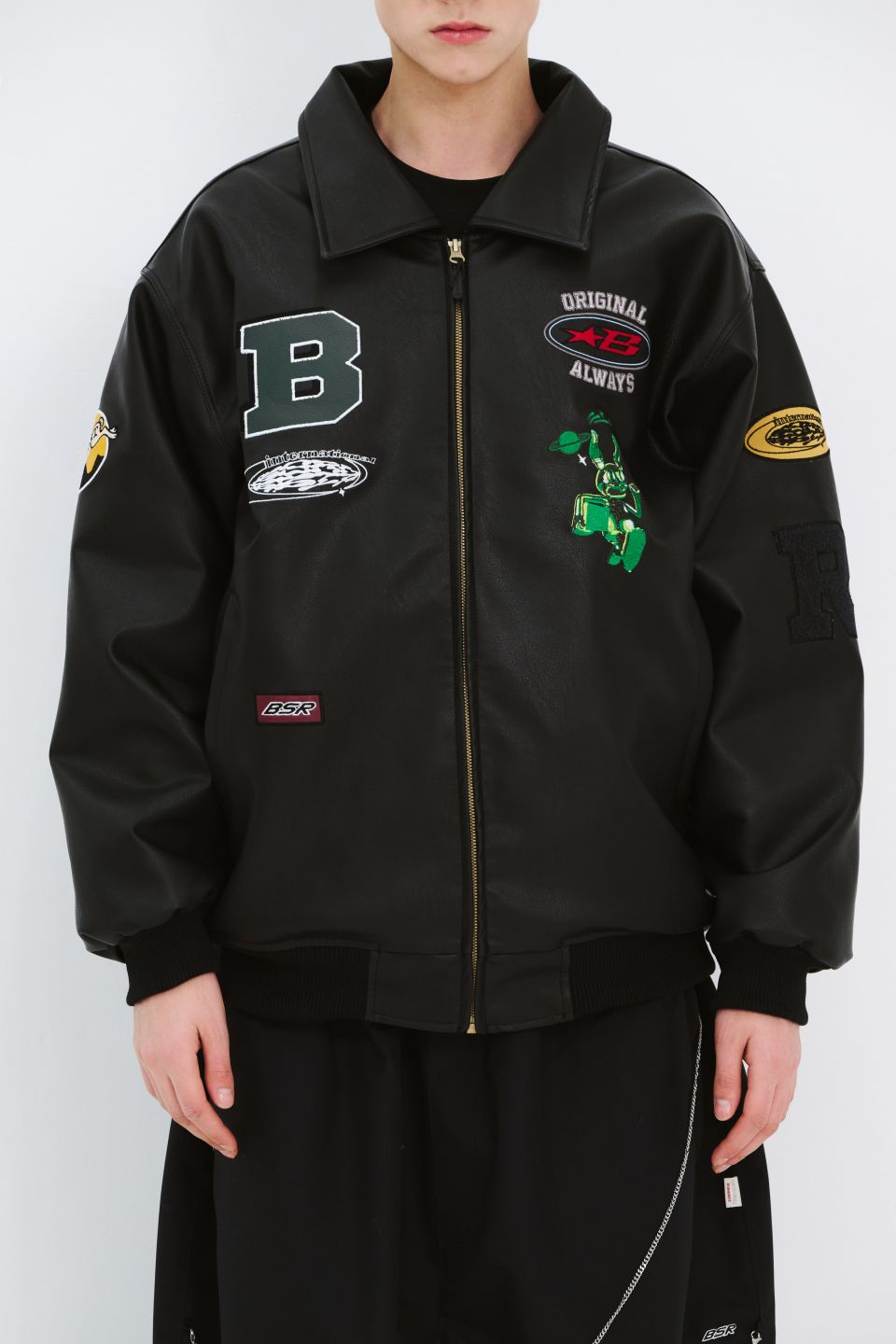 MUSINSA | BSRABBIT Star B Varsity Jacket Vintage Leather Black