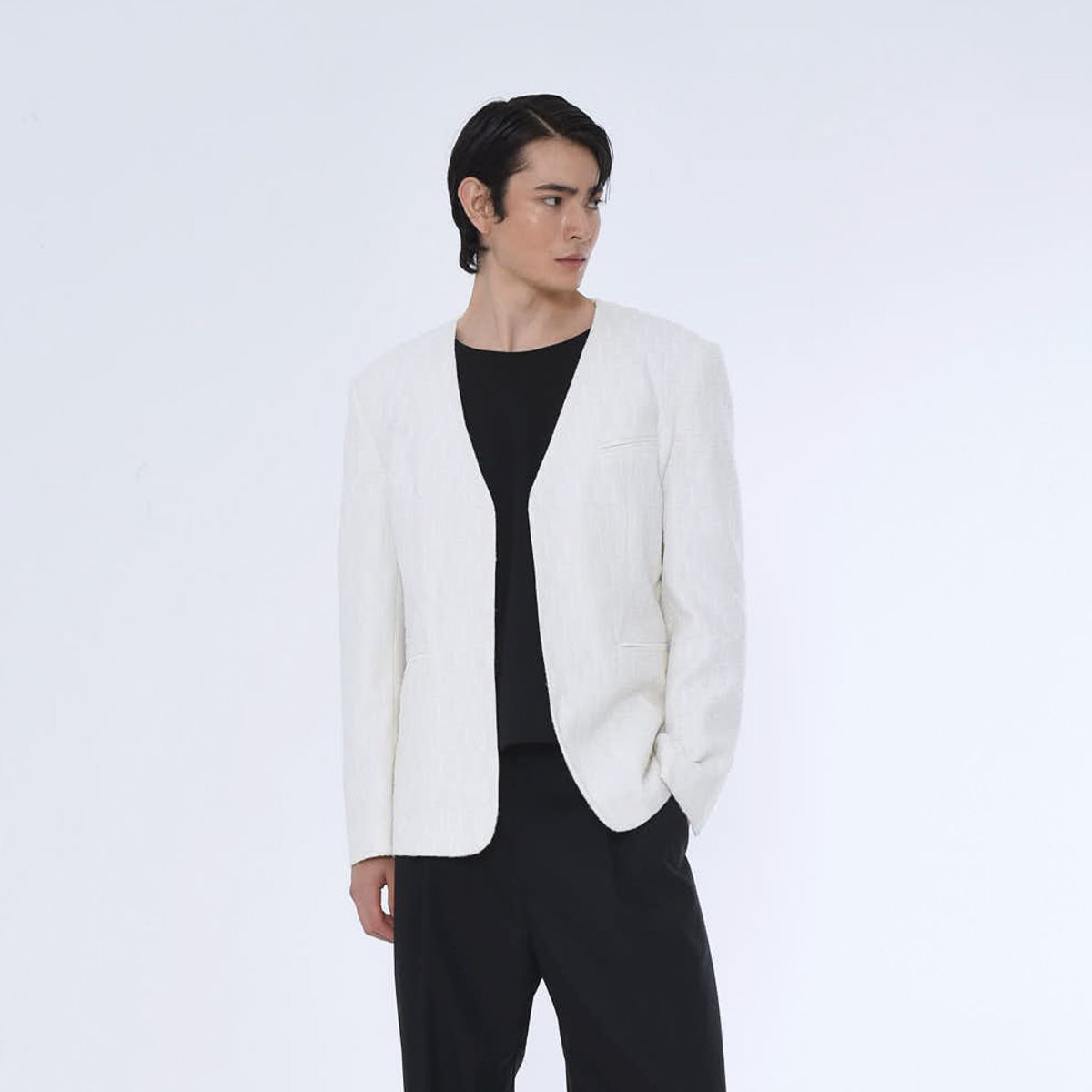더발론(THE BALLON) MENS COLLARLESS TAILORED JACKET_WHITE