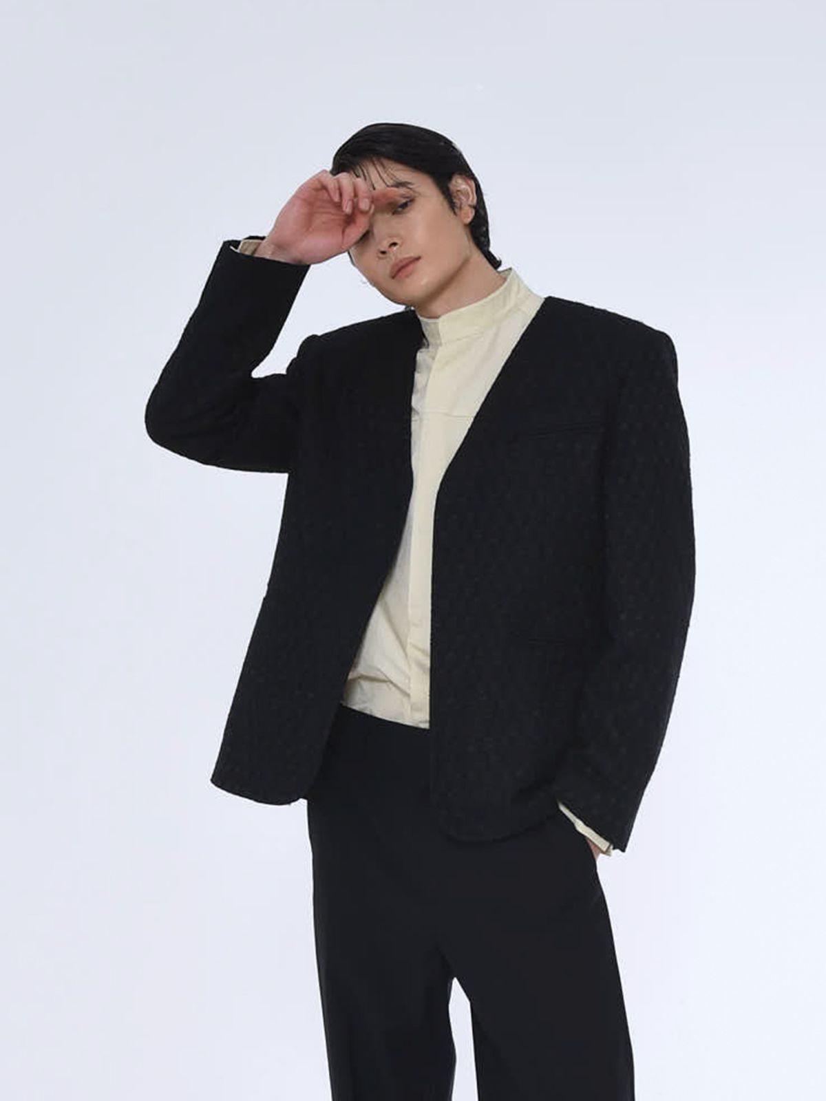 더발론(THE BALLON) MENS COLLARLESS TAILORED JACKET_BLACK