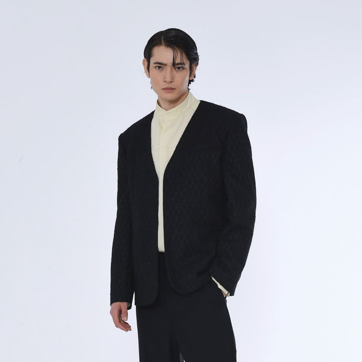 더발론(THE BALLON) MENS COLLARLESS TAILORED JACKET_BLACK