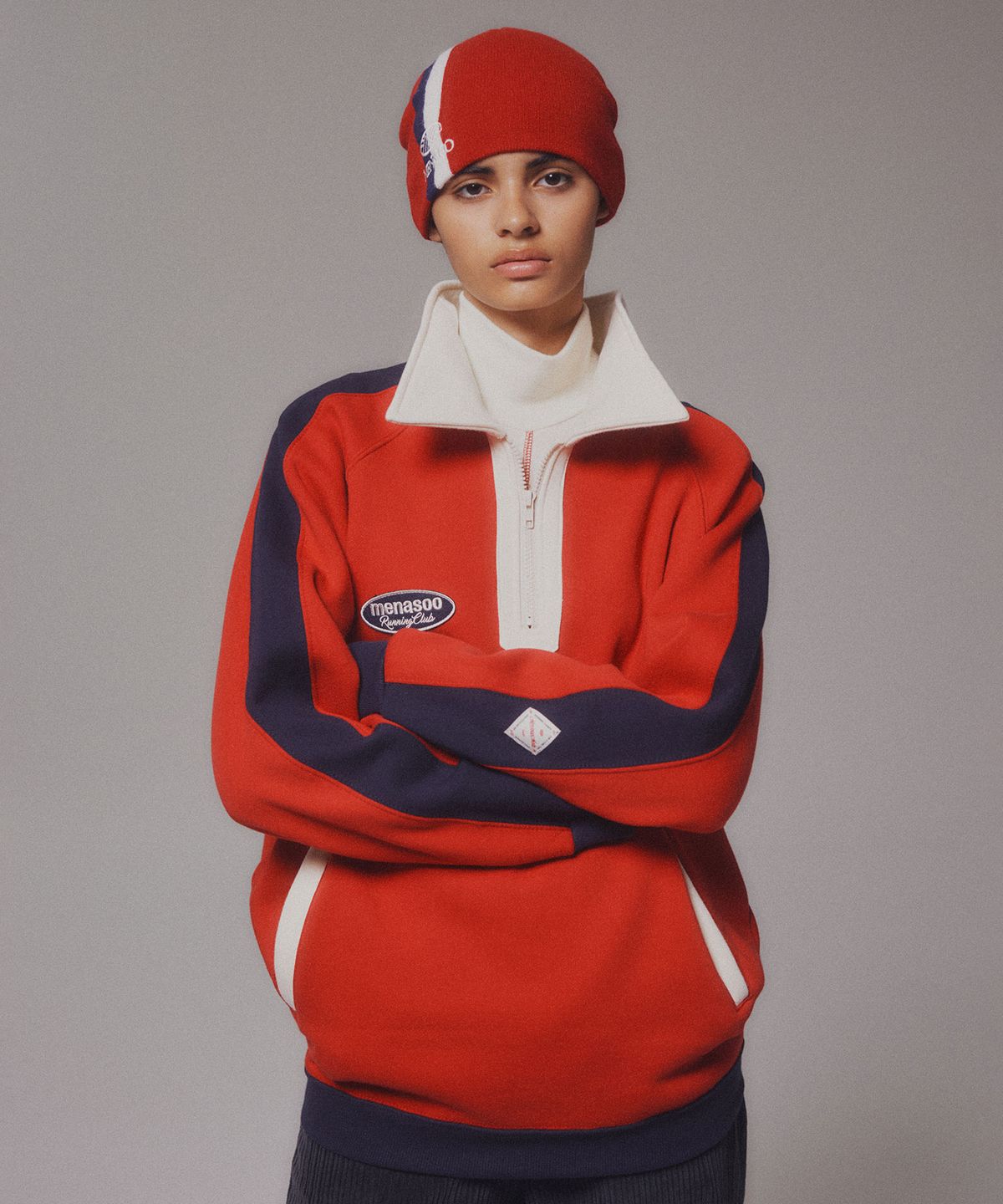미나수(MENASOO) Color Combination Sweatshirt_Red_기모원단