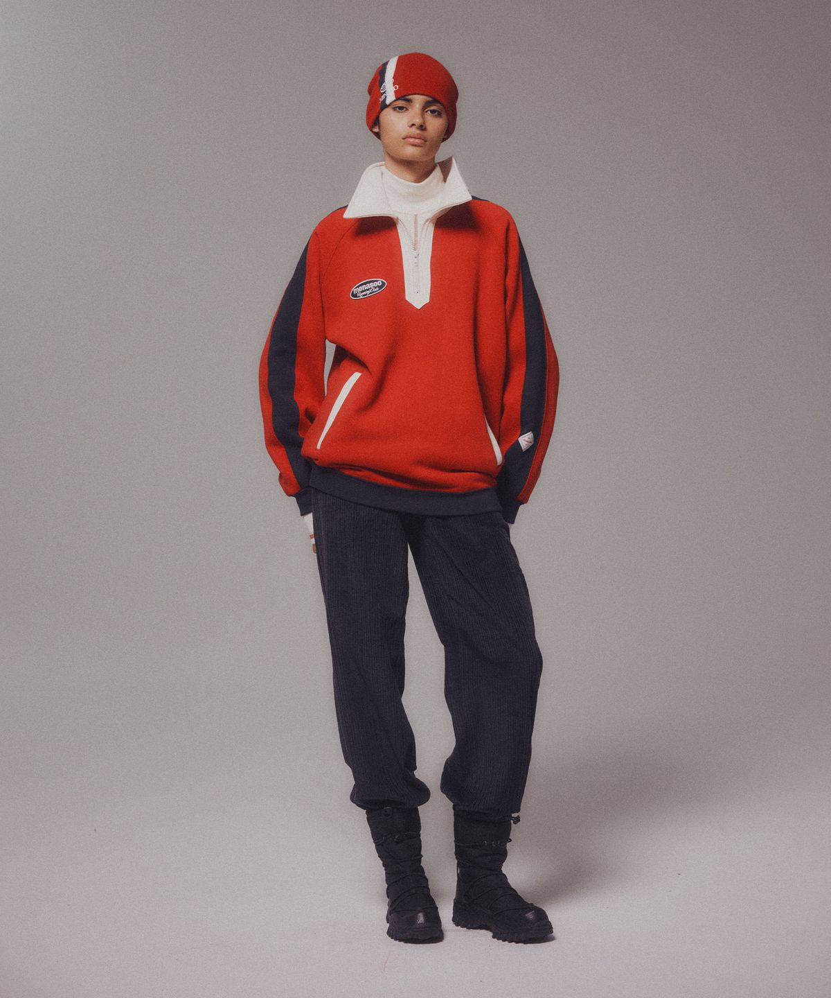 미나수(MENASOO) Color Combination Sweatshirt_Red_기모원단