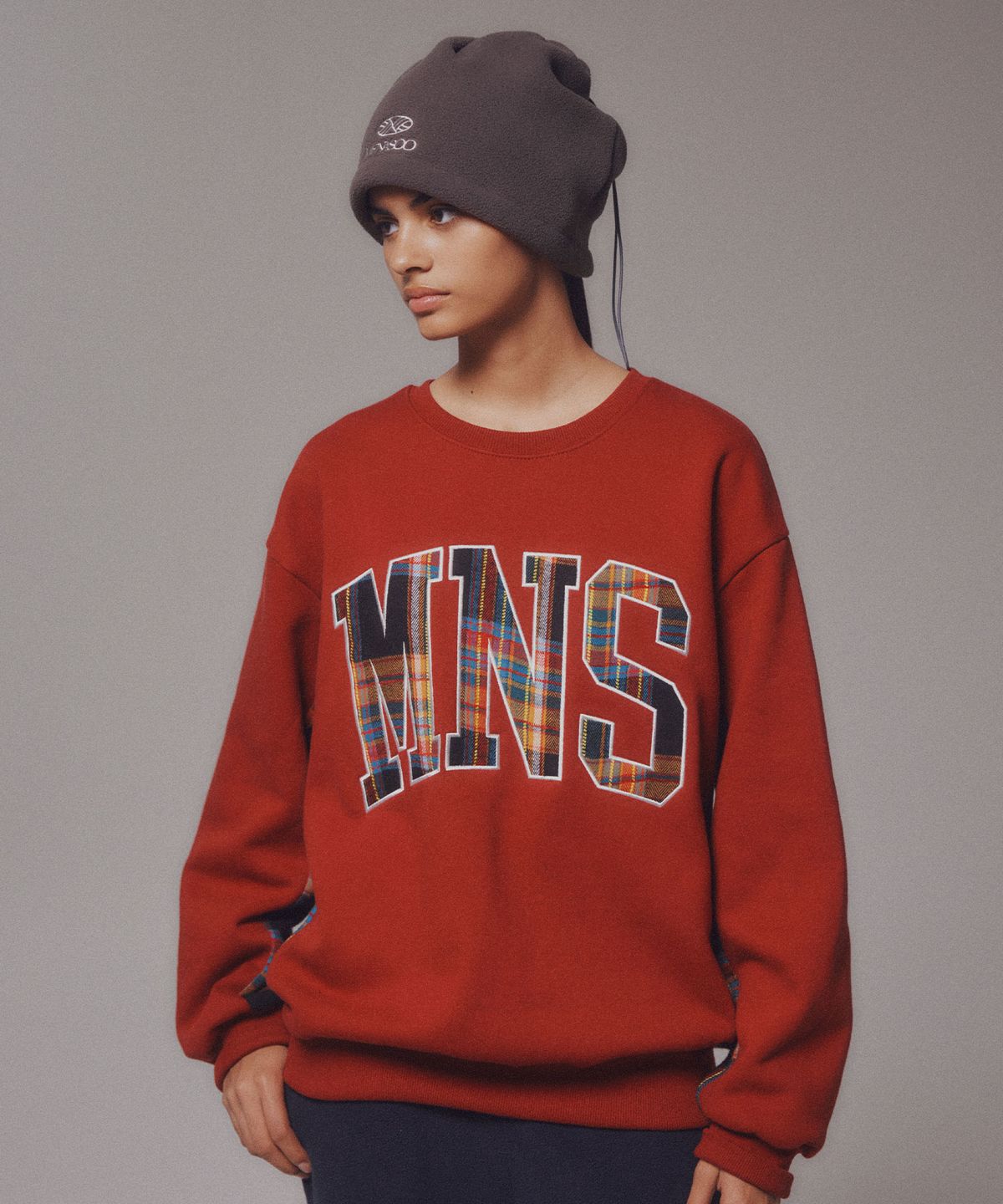 미나수(MENASOO) Check Combination Sweatshirt_Red_기모원단