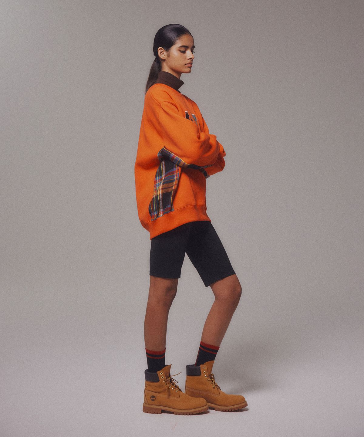 미나수(MENASOO) Check Combination Sweatshirt_Orange_기모원단