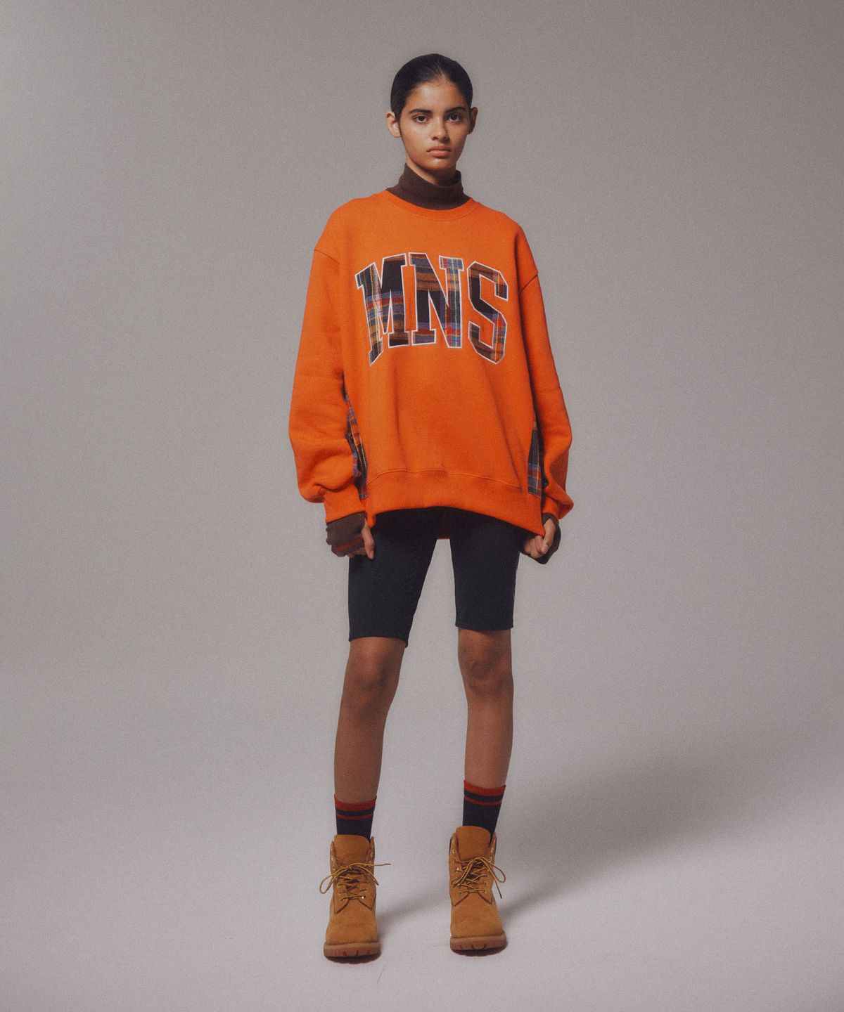 미나수(MENASOO) Check Combination Sweatshirt_Orange_기모원단