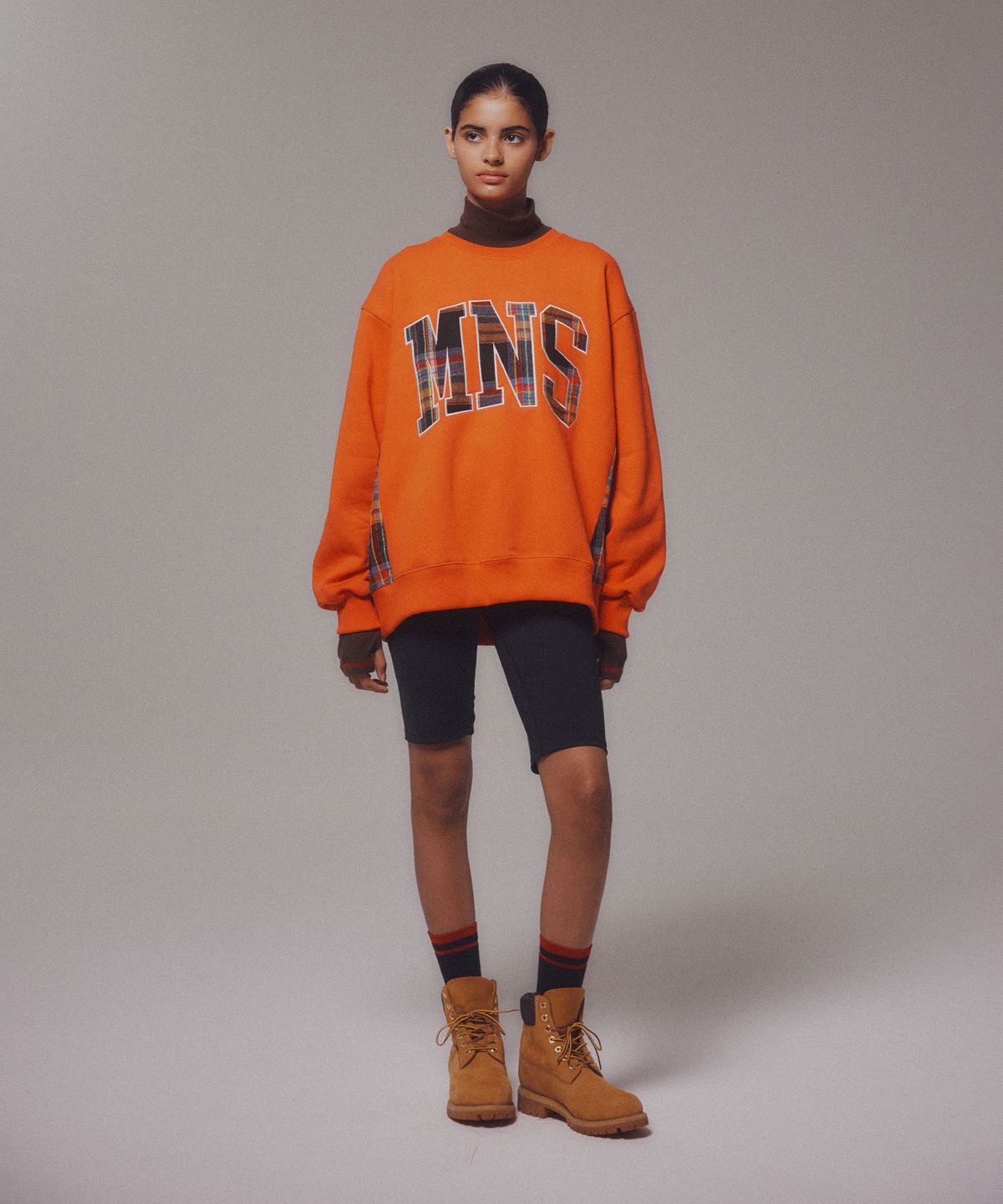 미나수(MENASOO) Check Combination Sweatshirt_Orange_기모원단
