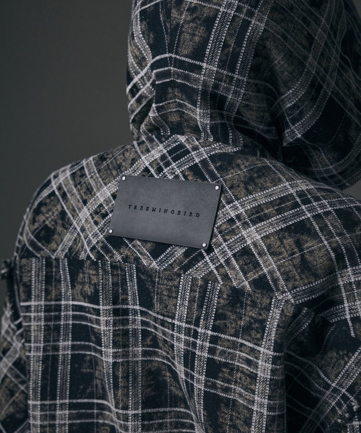 트리밍버드(TREEMINGBIRD) Spread Check Fringe Set-Up Hoodie Shirts [ Black ]