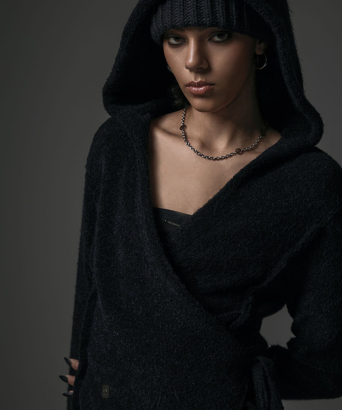 트리밍버드(TREEMINGBIRD) Terry Boucle Hoodie Wrap Cardigan [ Black ]