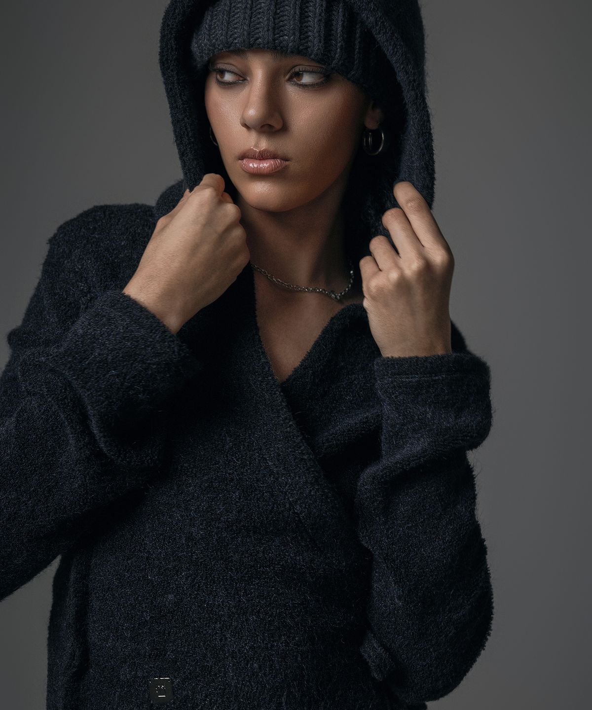 트리밍버드(TREEMINGBIRD) Terry Boucle Hoodie Wrap Cardigan [ Black ]