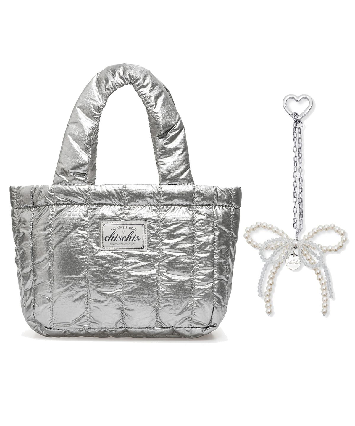 치스치스(CHISCHIS) [SET] CHISCHIS PADDING BAG_SILVER + RIBBON HEART CHARM