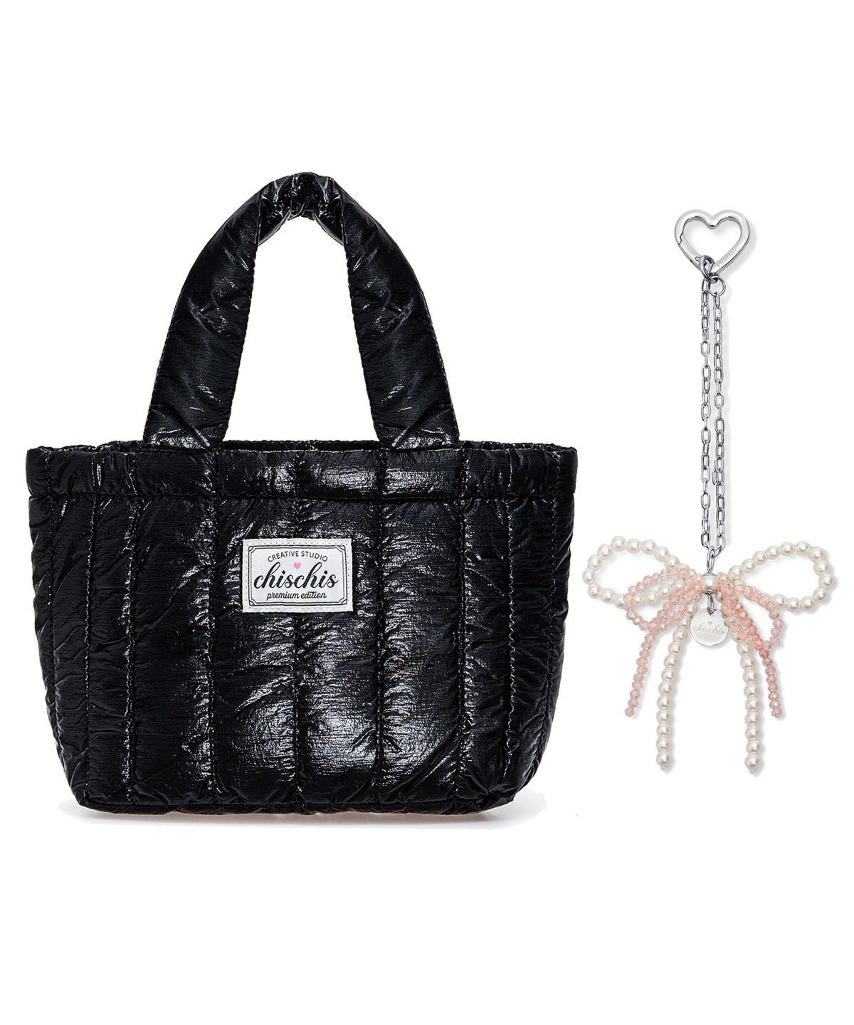 치스치스(CHISCHIS) [SET] CHISCHIS PADDING BAG_BLACK + RIBBON HEART CHARM