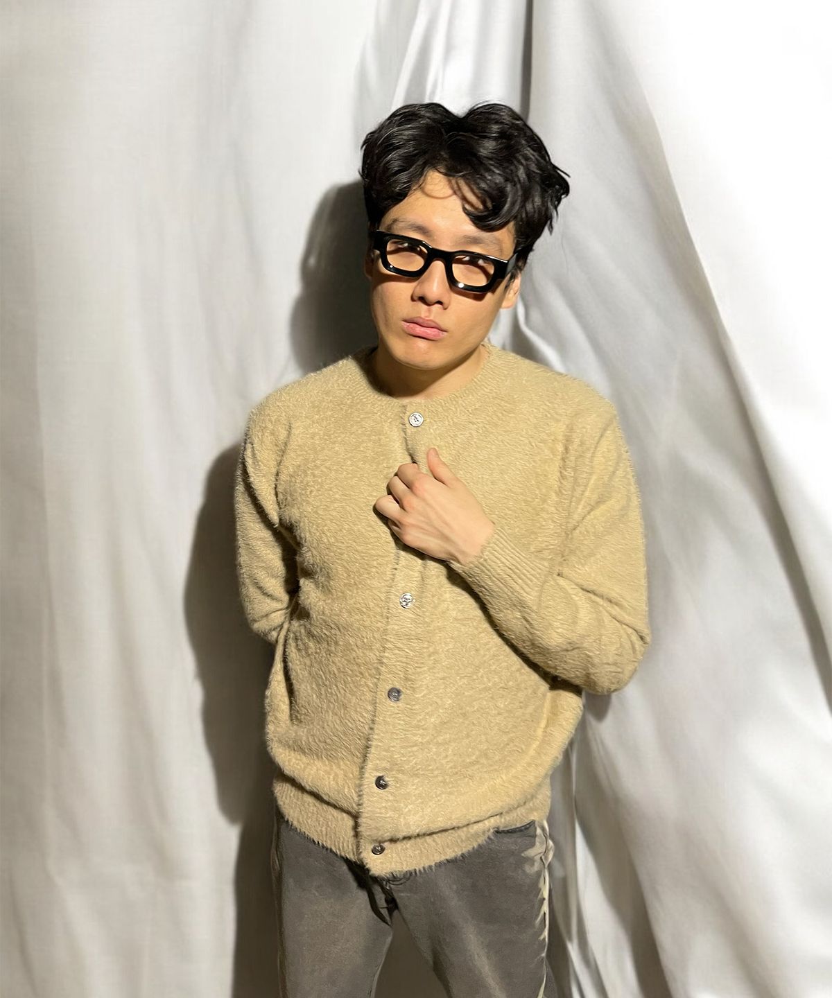 본슬리피(BORN SLIPPY) Soft Angora Round Neck Cardigan (Beige)