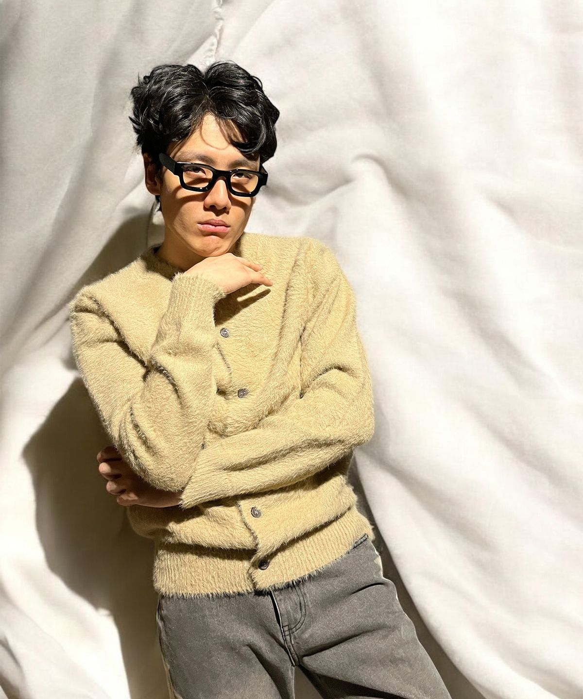 본슬리피(BORN SLIPPY) Soft Angora Round Neck Cardigan (Beige)