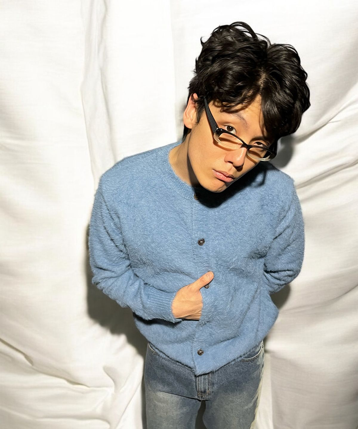 본슬리피(BORN SLIPPY) Soft Angora Round Neck Cardigan (Blue)
