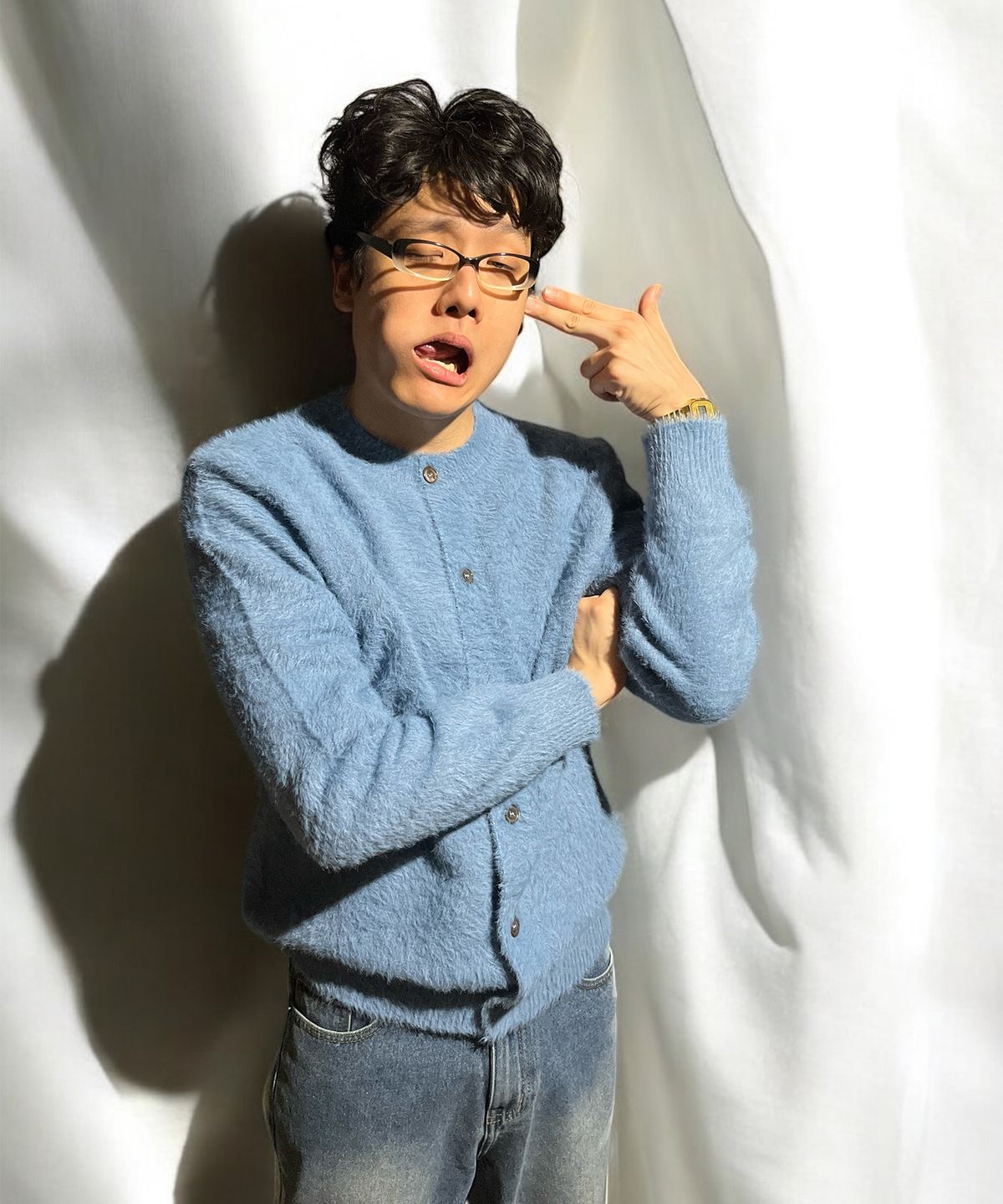 본슬리피(BORN SLIPPY) Soft Angora Round Neck Cardigan (Blue)
