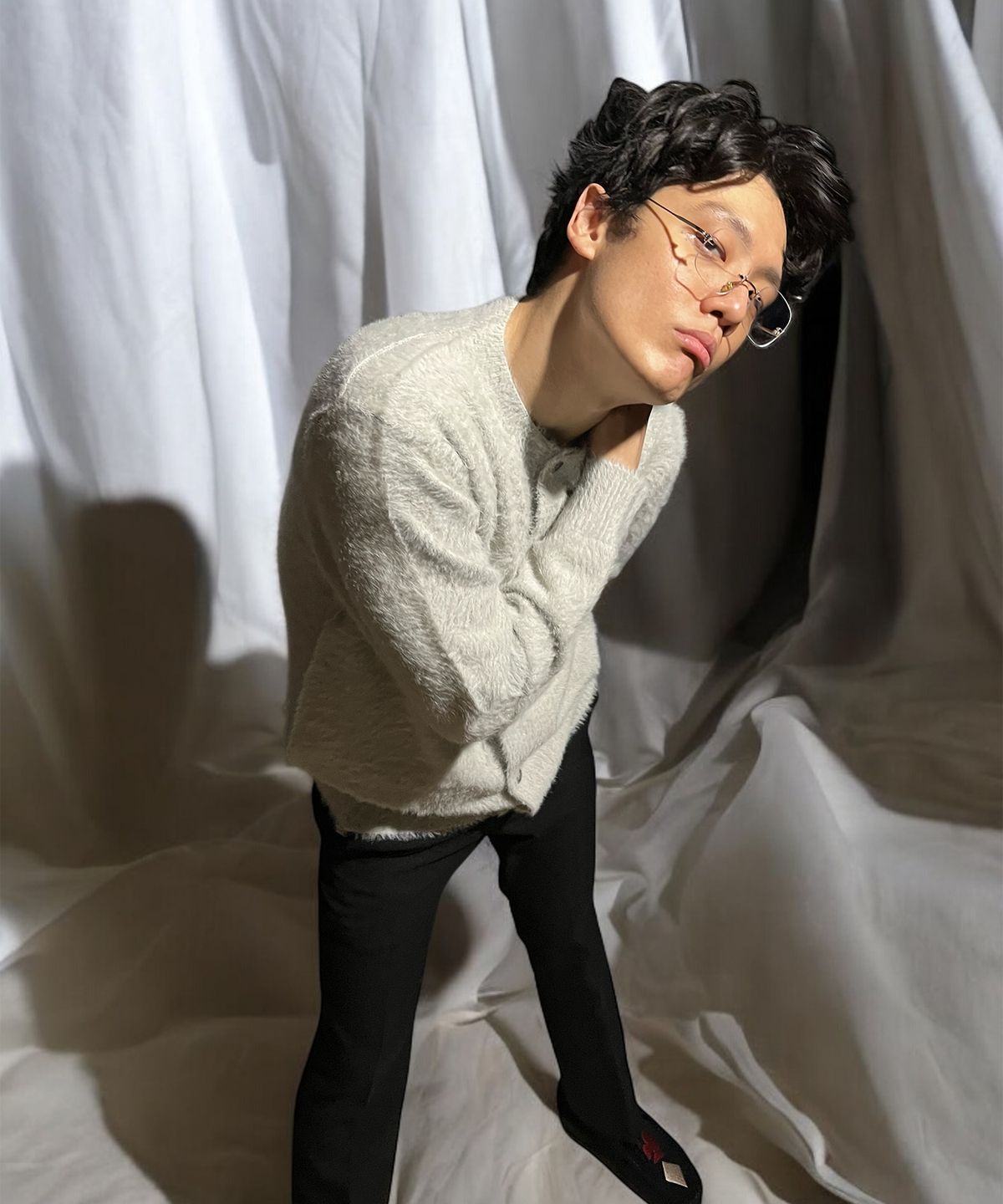 본슬리피(BORN SLIPPY) Soft Angora Round Neck Cardigan (Gray)